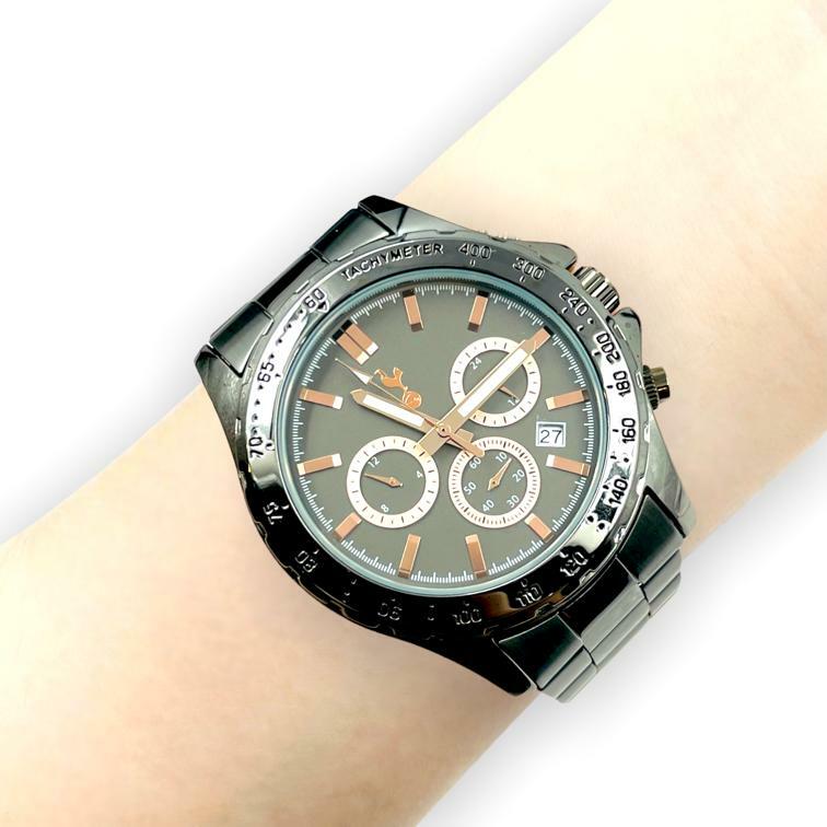 熱刺黑鋼色玫瑰金尊貴鋼帶手錶