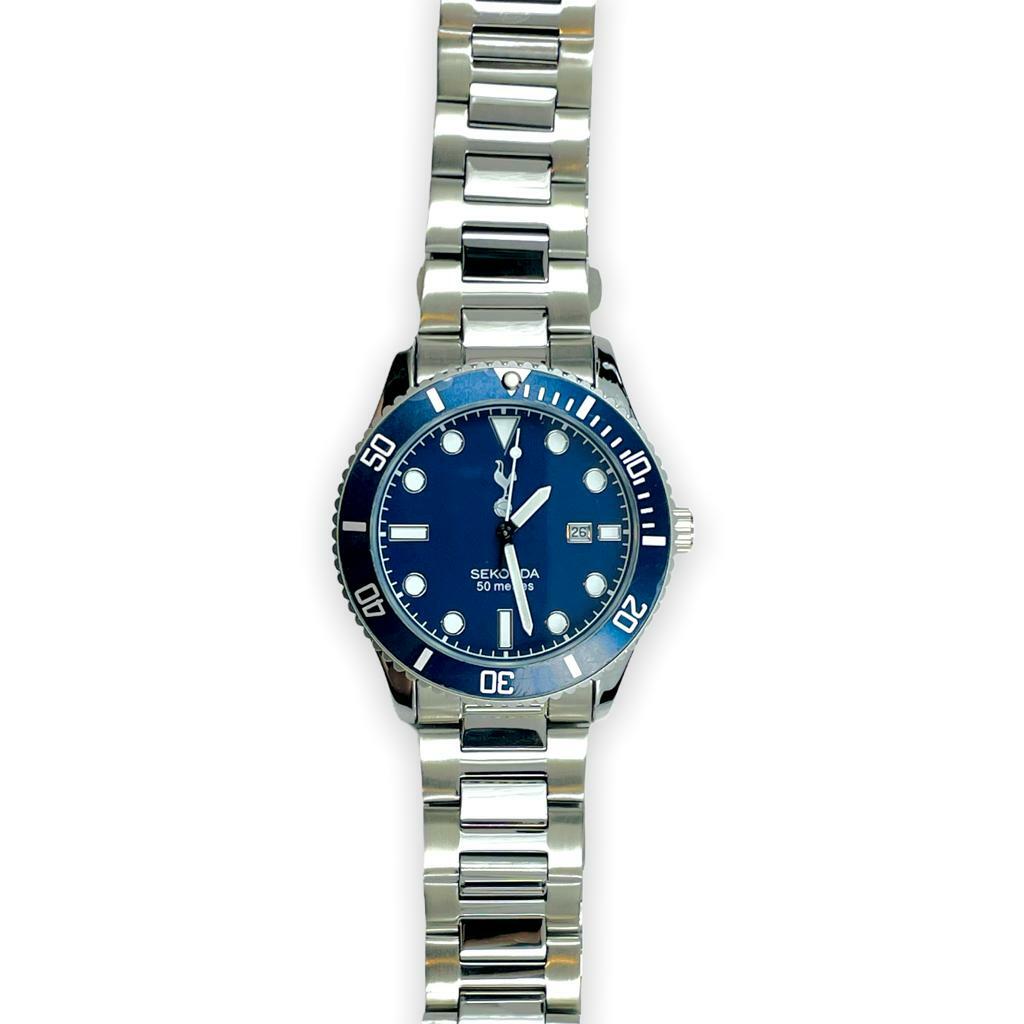 熱刺SEKONDA藍面藍圈鋼帶手錶