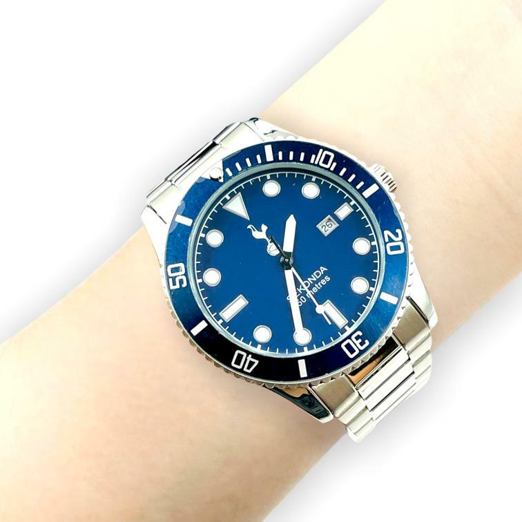 熱刺SEKONDA藍面藍圈鋼帶手錶