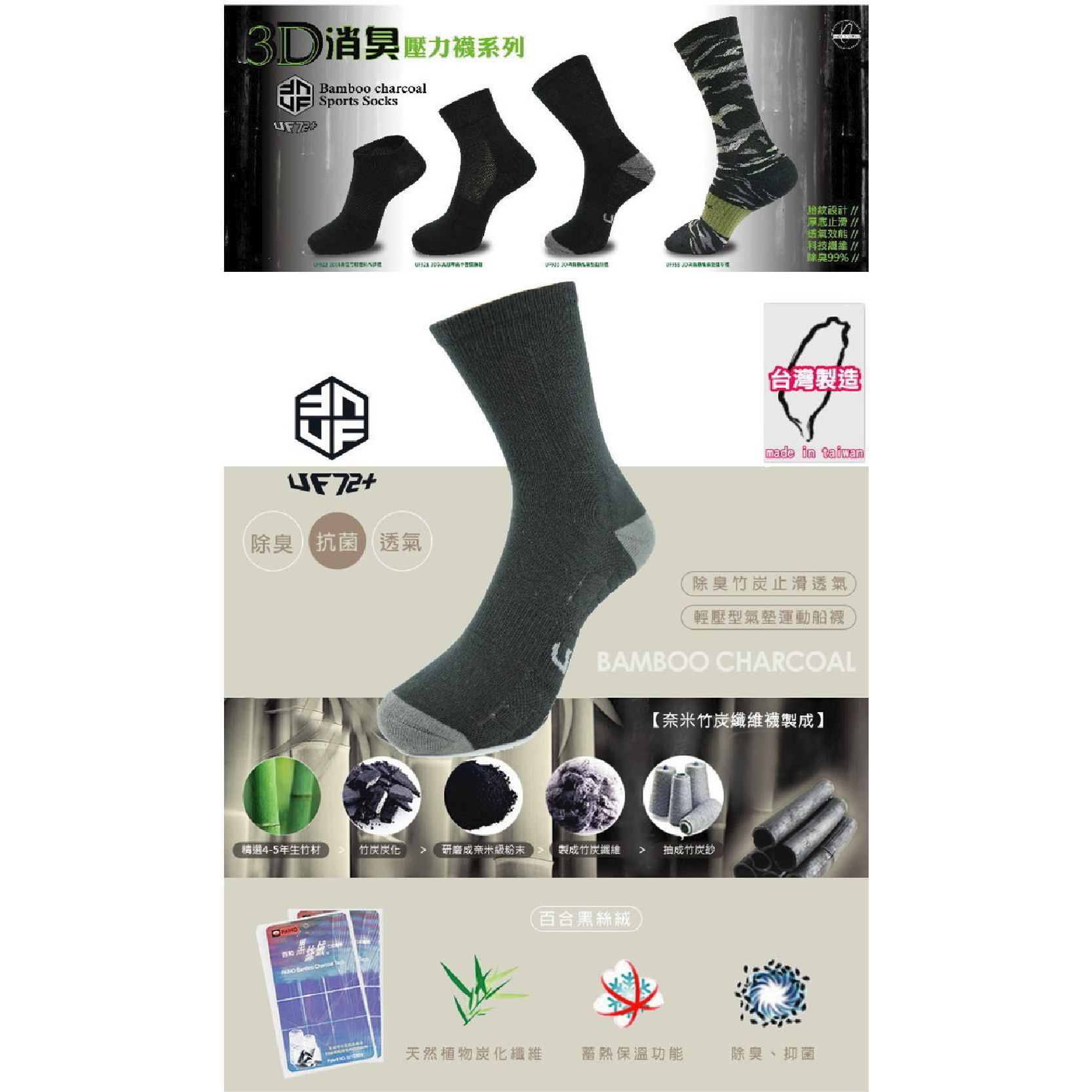 UF72 3D消臭動能氣墊胎紋襪 男 黑 除臭/抗菌/透氣 44UF920-1-1