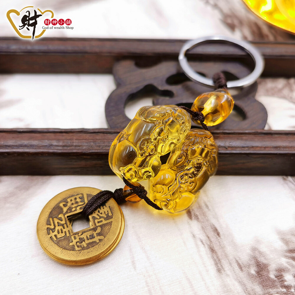 【財神小舖】雙貔貅元寶-招財五帝錢鑰匙圈 (含開光)