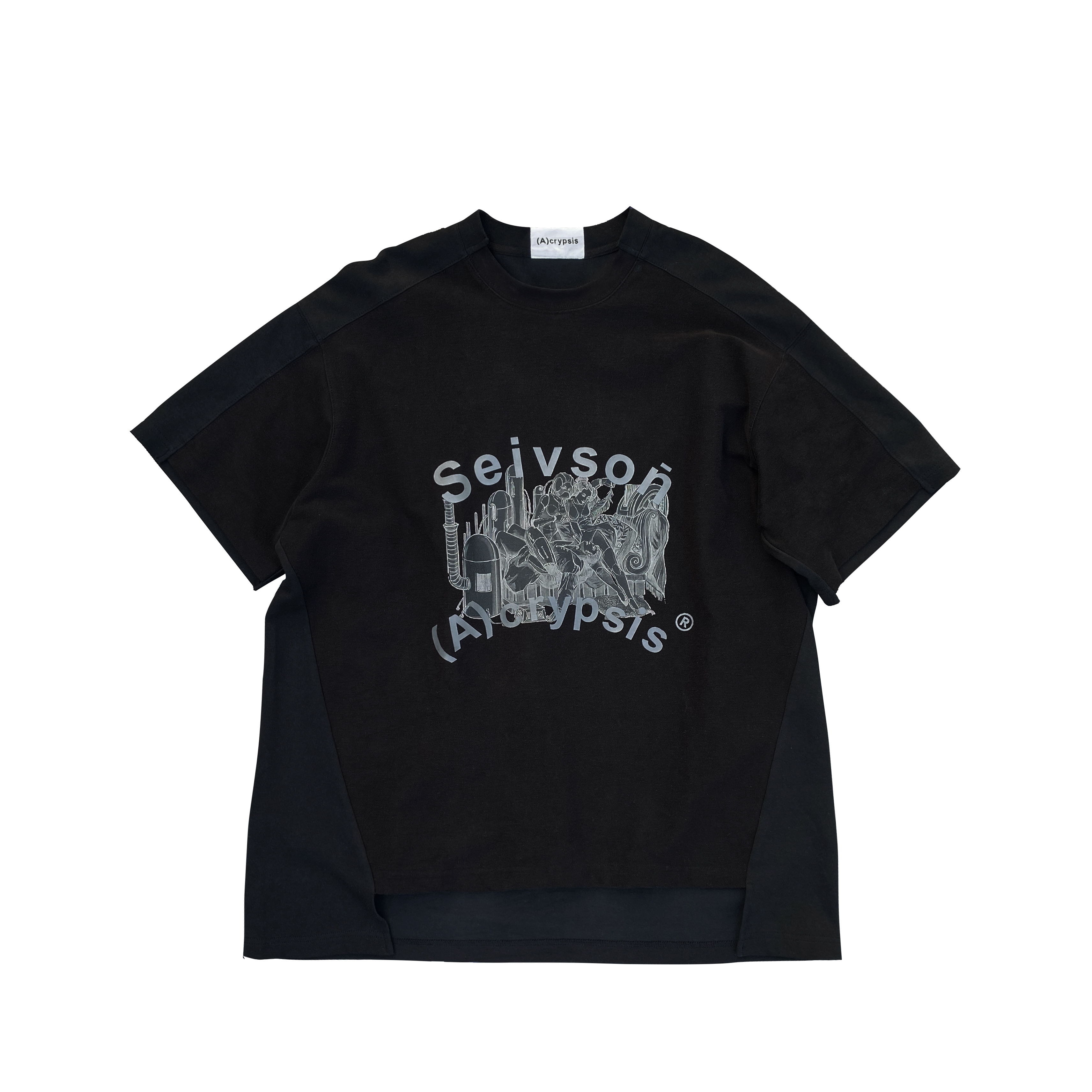 未來城市仿生人- 異材質拼接OVERSIZED T-SHIRT 獨眼公爵黑