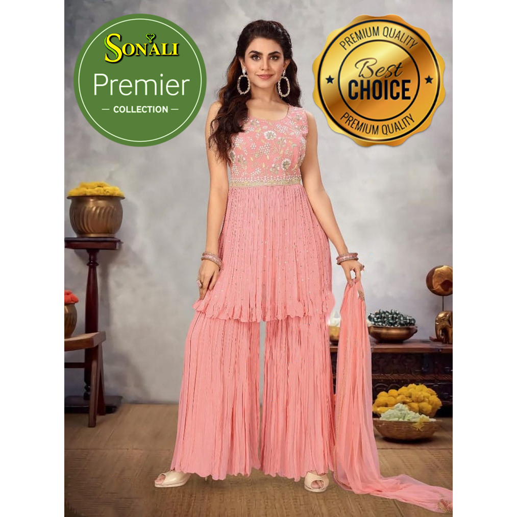 Pink Bandhej Chevron Tiered Sharara Premier Collection - PRC0722