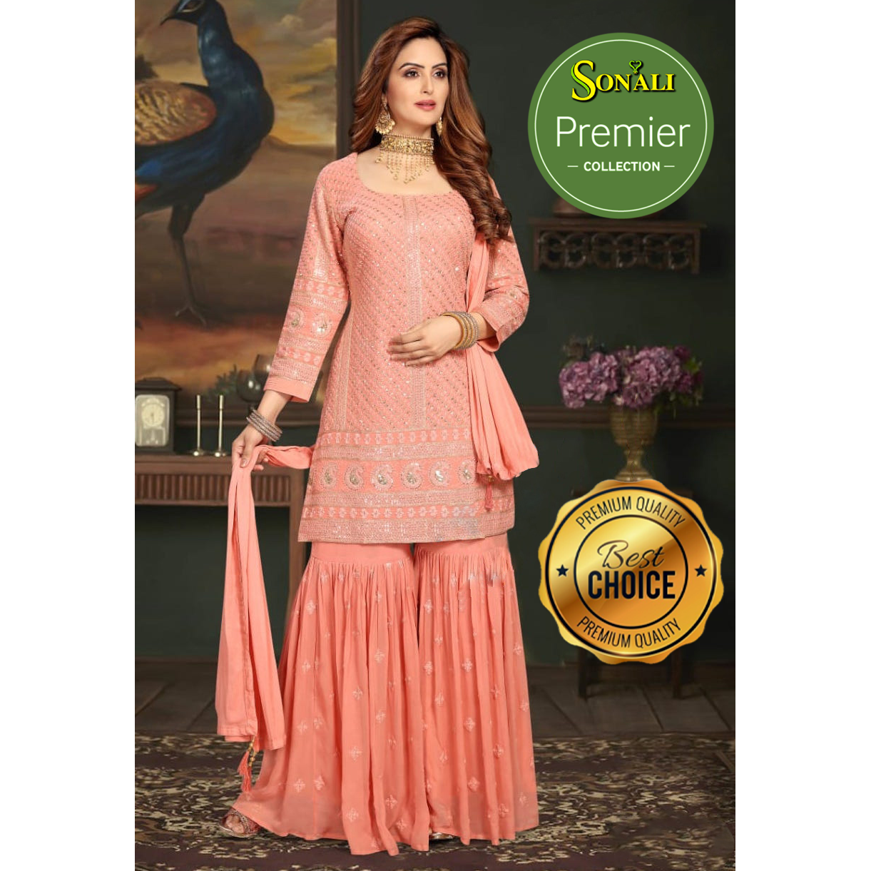 Beige Bandhej Chevron Tiered Sharara Premier Collection - PRC1022