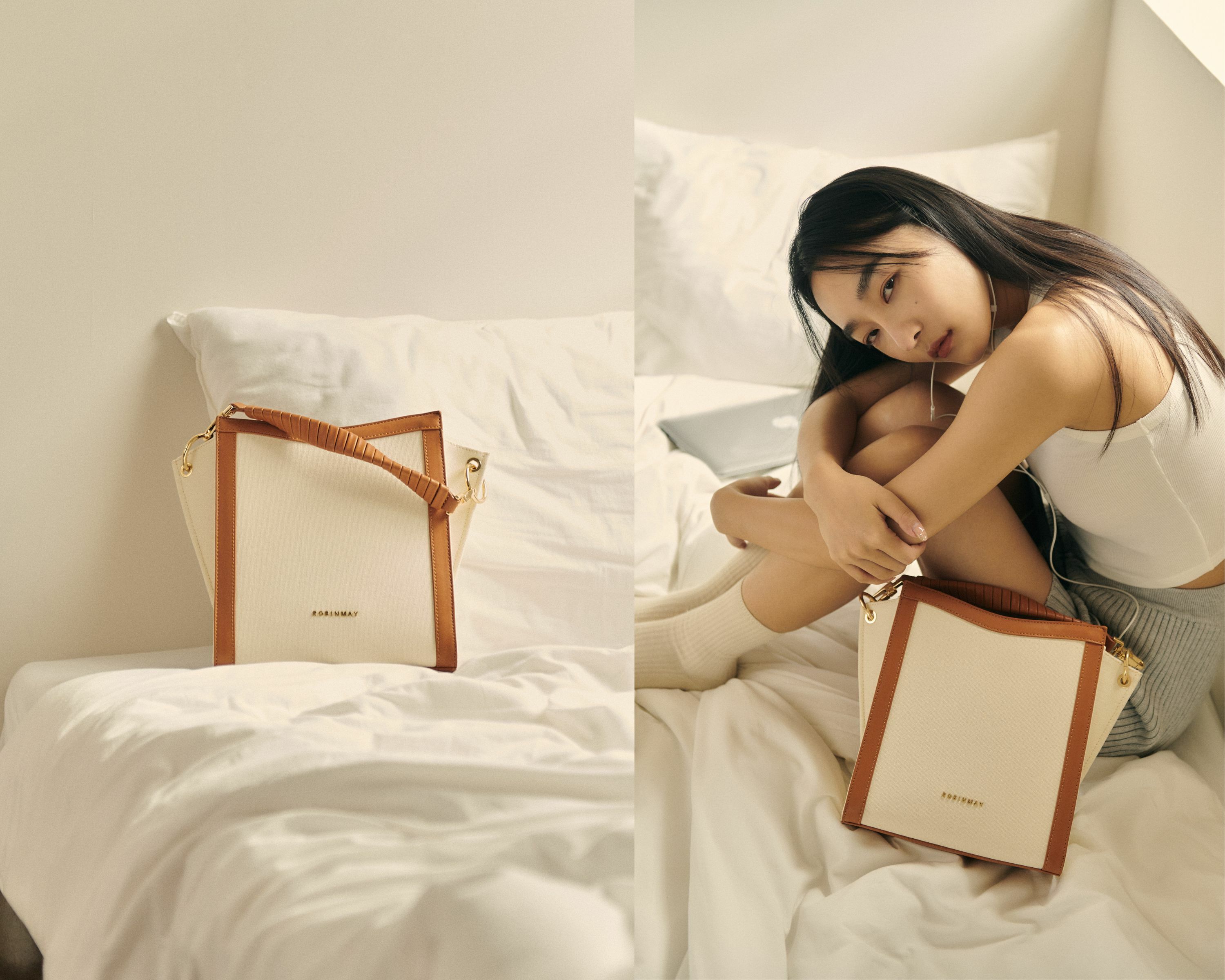 補夢樂曲手提包，帆布跟皮革打造出異材質衝突美。