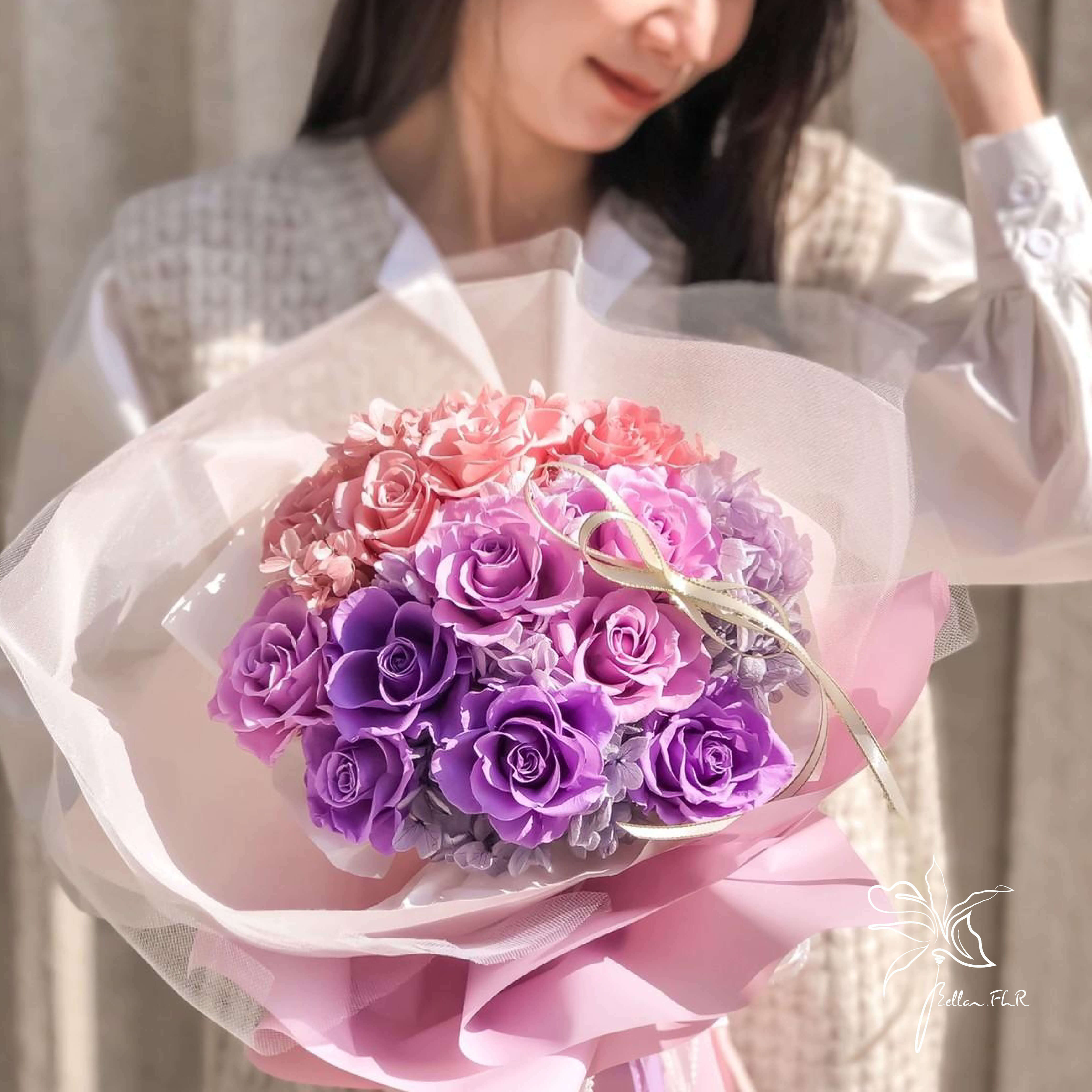 【你如少女甜而不膩】12朵永生玫瑰漸層粉紫花束