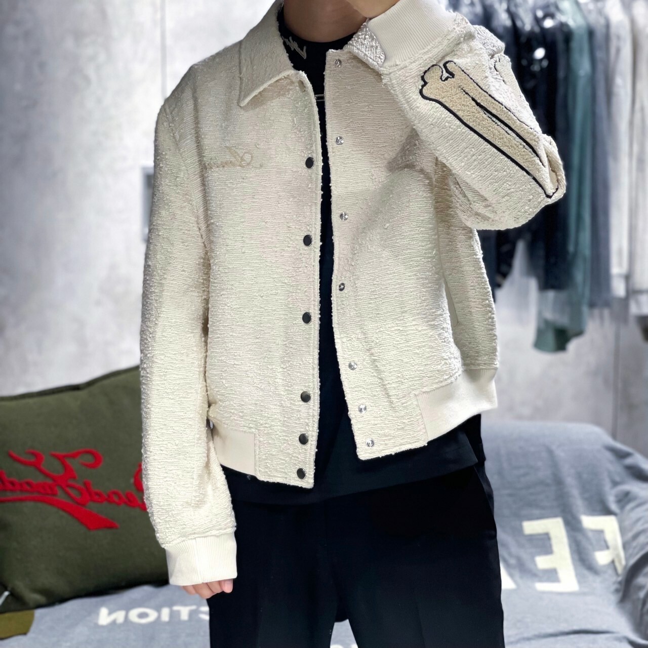 低於五折 Amiri 骨頭Logo刺繡棒球外套 Bones Varsity Jacket - Alabaster