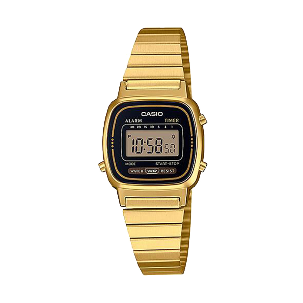 Casio LA670WGA-1 女裝細錶面 黑金色復古跳字錶