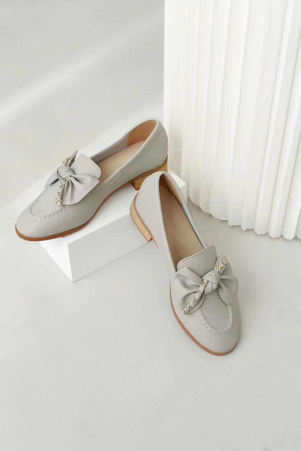 韓版蝴蝶結鏈條低跟單鞋