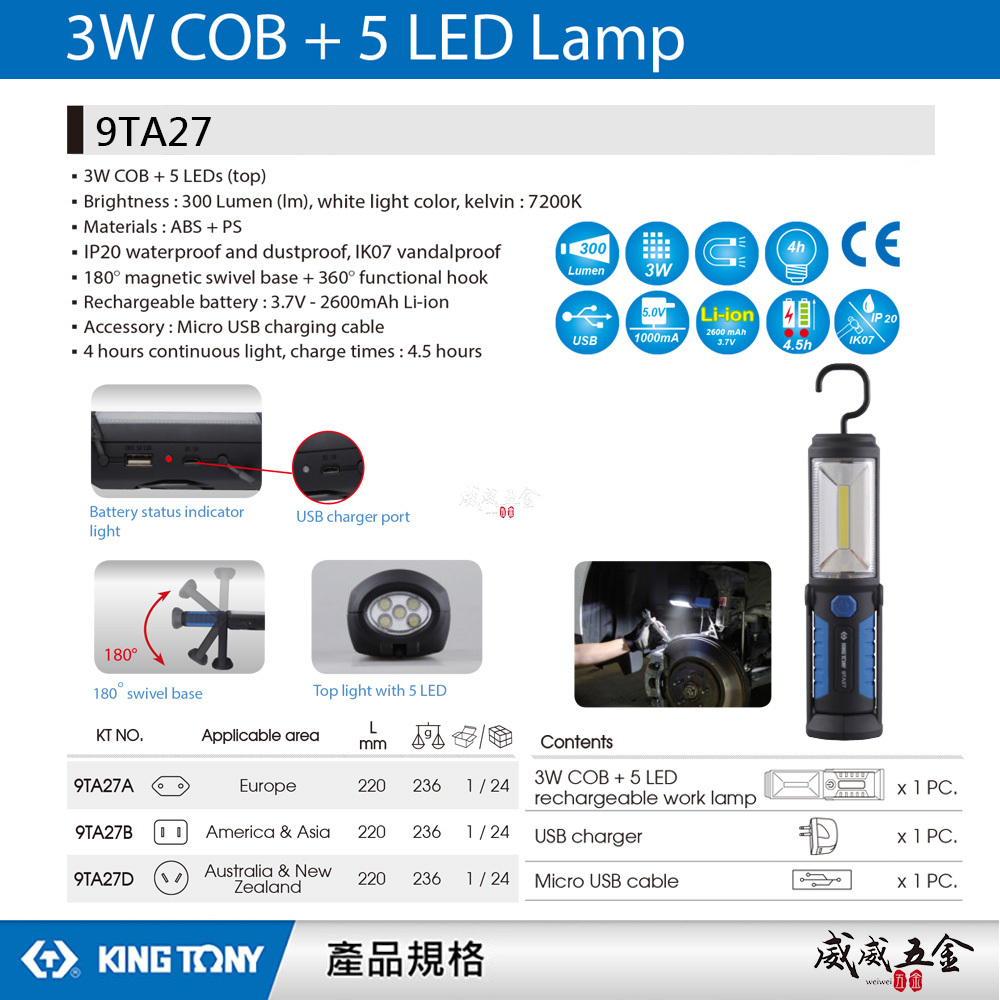KING TONY 金統立 台灣製｜可旋轉手電筒 3W COB+5LED摺疊式工作燈 磁性充電燈｜9TA27B 9TA27