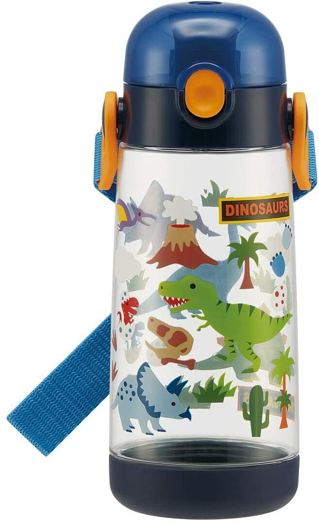 日本SKATER兒童透明直飲背帶水壺 480ml 藍色蓋子 恐龍水壺