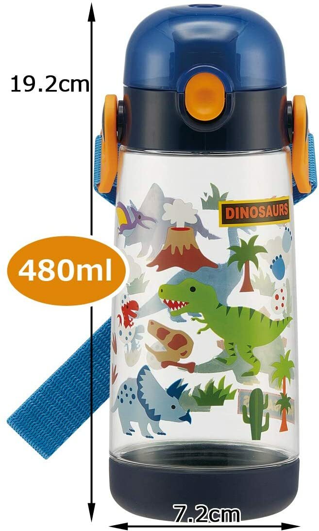 日本SKATER兒童透明直飲背帶水壺 480ml 藍色蓋子 恐龍水壺