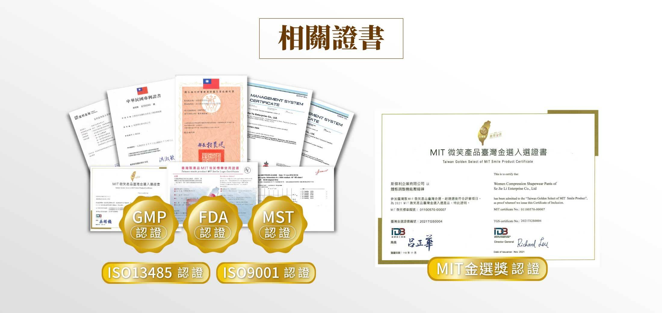 sNug體態調整機能壓縮褲相關證書專業機構權威認證為你把關運動安全GMP認證FDA認證MST認證ISO13485認證ISO9001認證榮獲2021MIT金選獎