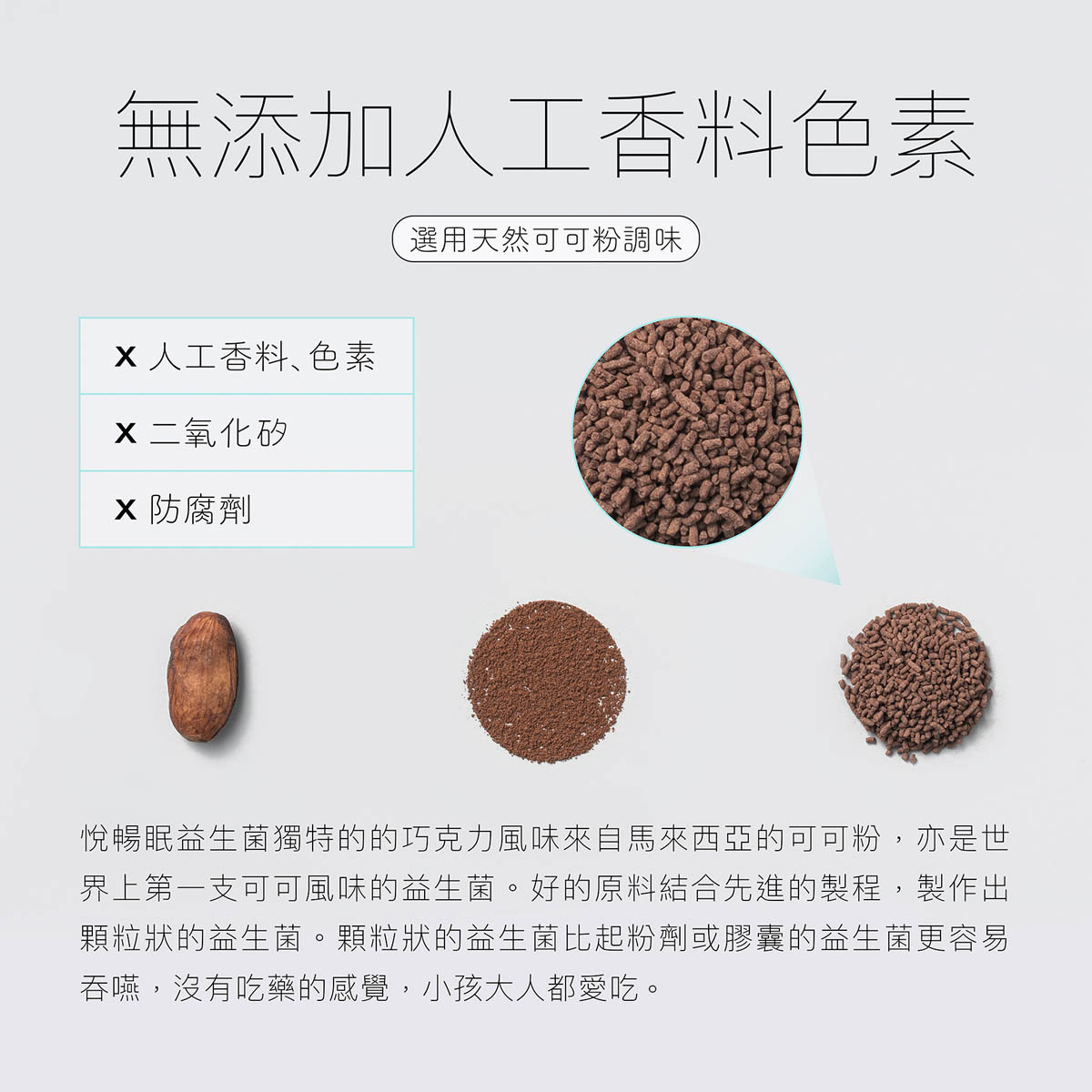 悅暢眠益生菌的口感選用天然可可粉調味,絕不添加人工香料色素,顆粒狀設計更容易吞嚥