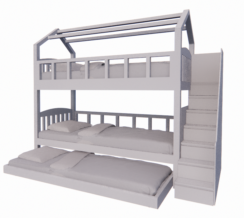 Children's Bunk Bed, 3 Bed with Storage (Stairs)