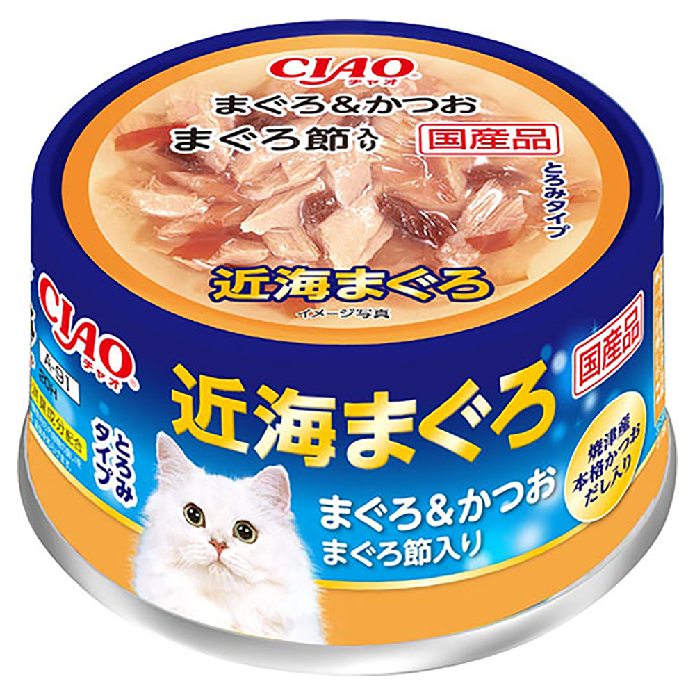 [$216限時優惠]日本CIAO 貓罐 - 近海吞拿魚+鰹魚+吞拿魚乾 80G , A-91 (原箱24罐)