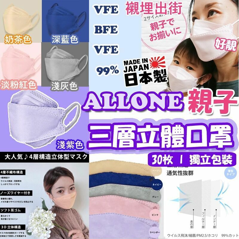 日本製Allone親子三層立體口罩(1盒30個獨立包裝)
