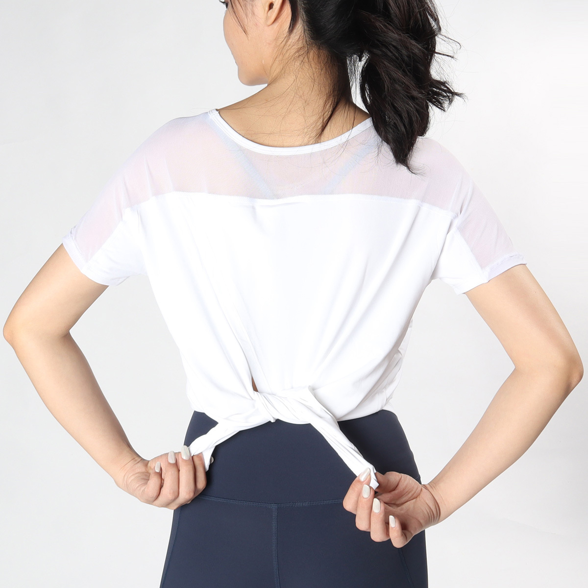 寬鬆交疊開叉綁結網紗拼接瑜珈/運動/機能短袖*