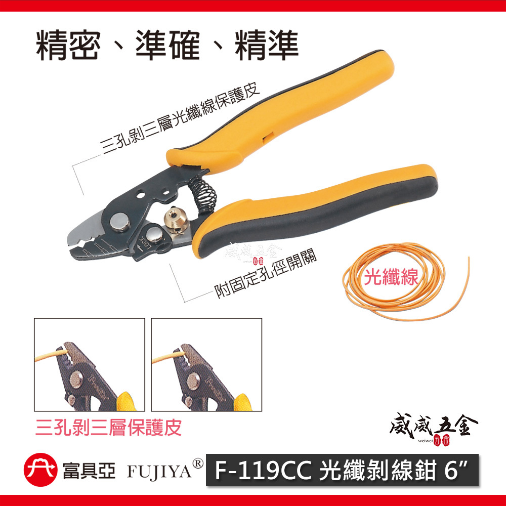 FUJIYA 富具亞｜6'' 光纖剝線鉗 孔徑精準 特殊三孔分段式剝線 最小可剝250um｜F-119CC