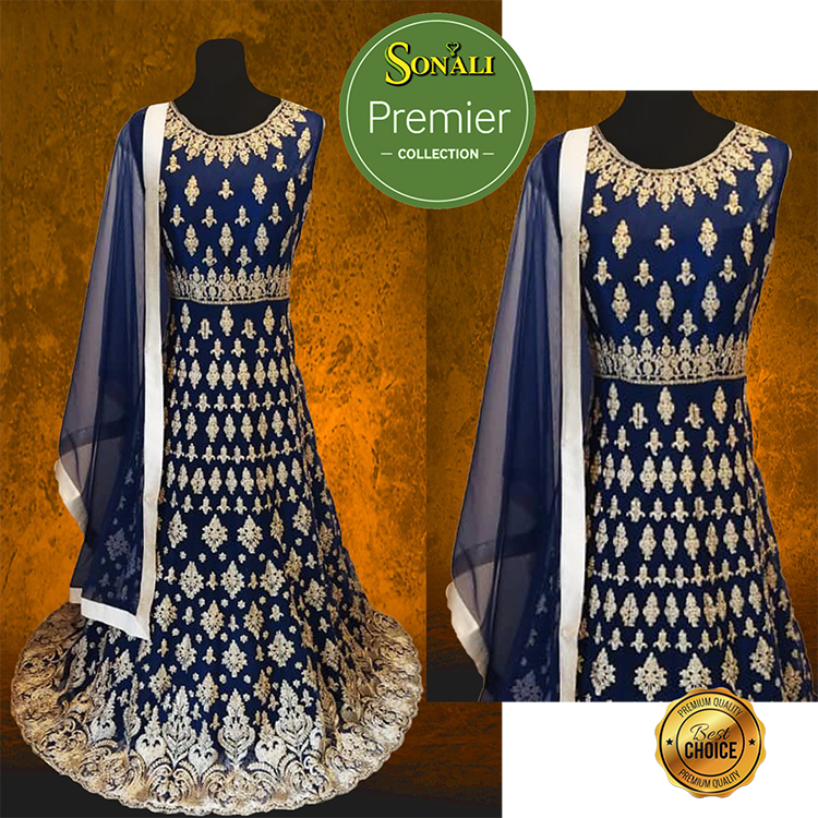 Sonali Premier Quality  Women’s Wedding Dinner  / Heavy Work Embroidered Work / High Quality Material / Dark Navy Blue Long Gown + Dupatta  - LSK01 - FS