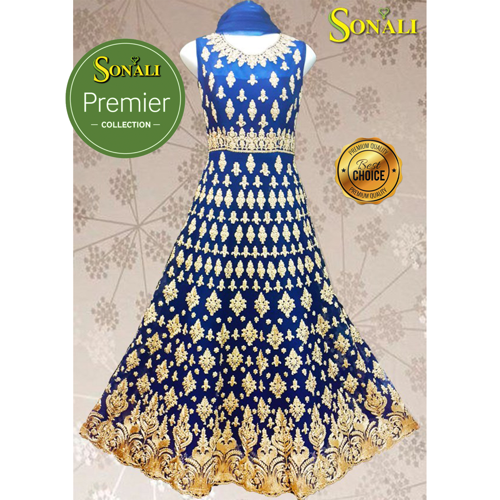 Sonali Premier Quality  Women’s Wedding Dinner / Heavy Work Embroidered Work / High Quality Material / Royal Blue Long Gown + Dupatta  - LSK03 - FS