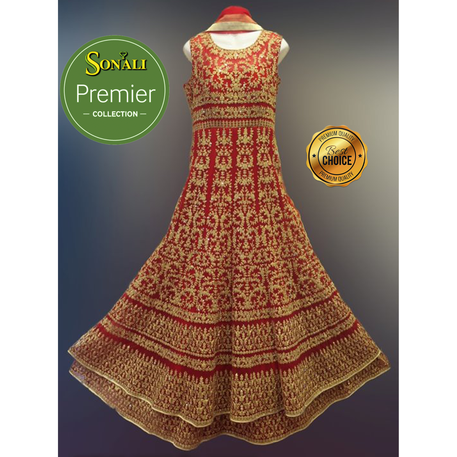 Sonali Premier Quality  Women’s Wedding Dinner / Heavy Work Embroidered Work / High Quality Material / Maroon Long Gown + Dupatta - LSK02A - FS