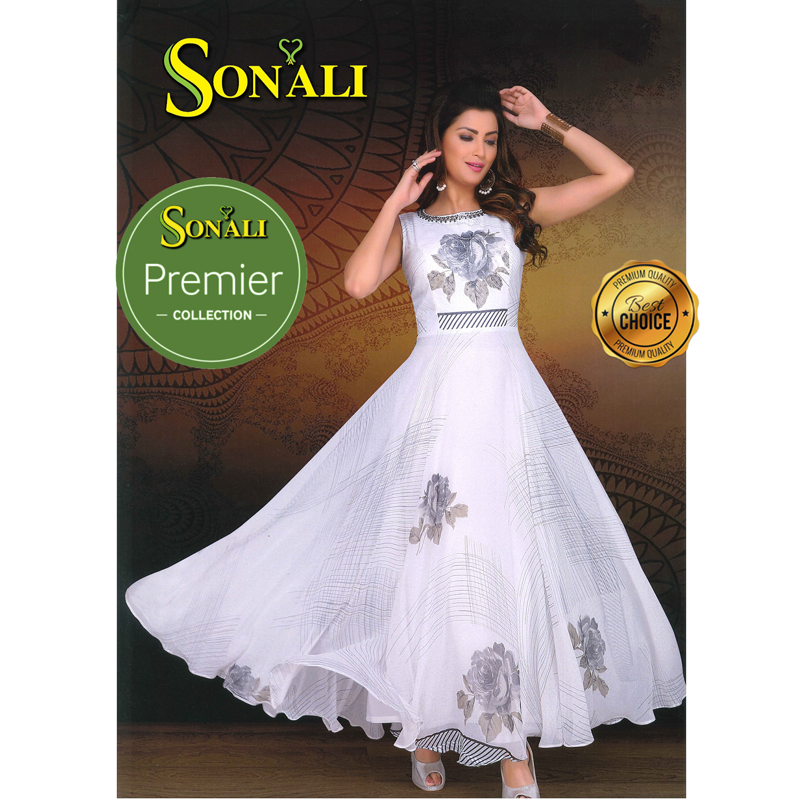 Sonali Premier Quality  Women’s Chiffon Design Long Gown / White Design Work Soft Chiffon Material / Suits for Dinner - LSK04/LSK04A