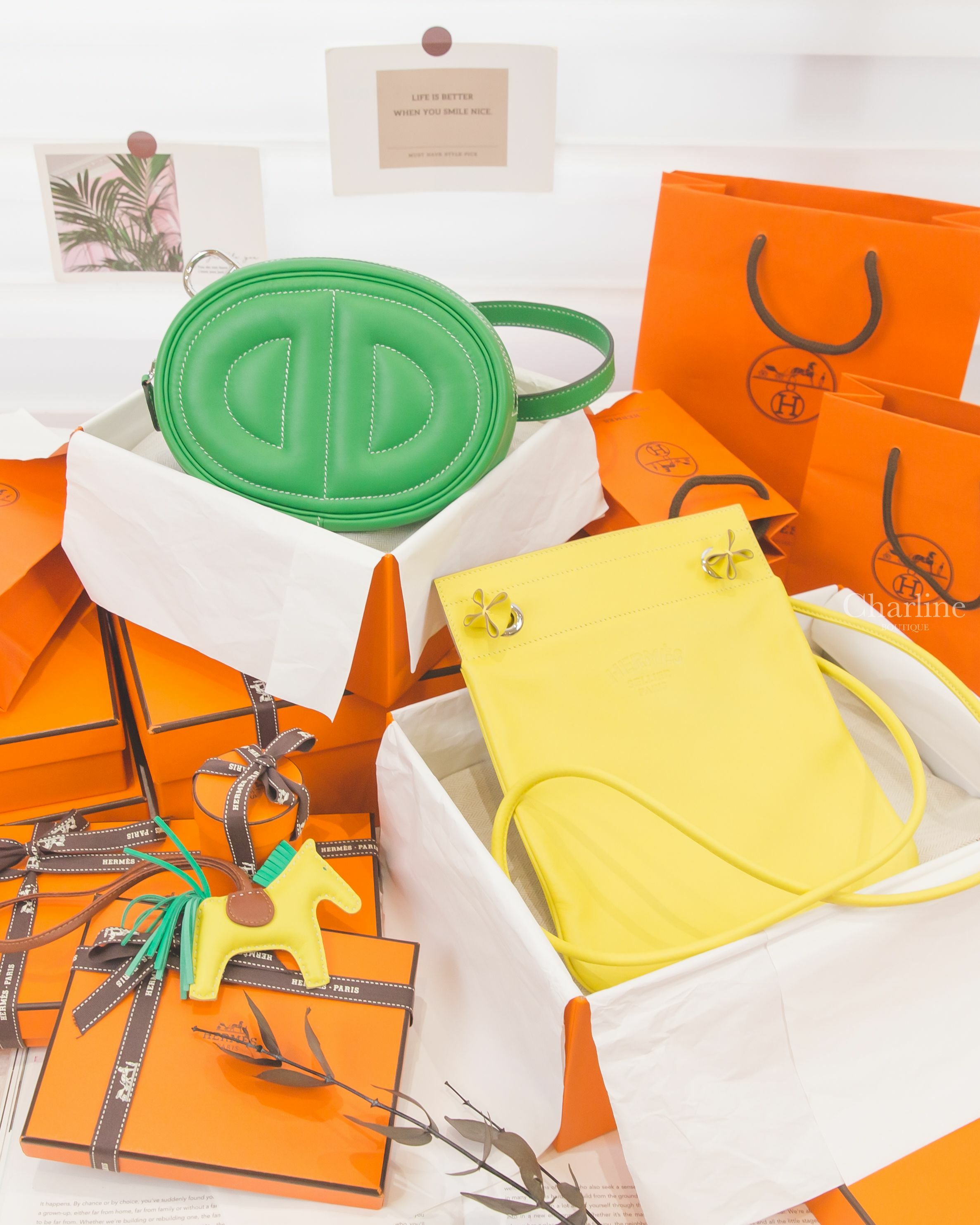 Hermès In The Loop 1K / T0 Swift 竹子綠拼霧藜藍內裡銀釦,Hermès Aline Agneau Milo / Veau Swift 9R Lime 萊姆黃肩背包-Charline Boutique 精品代購