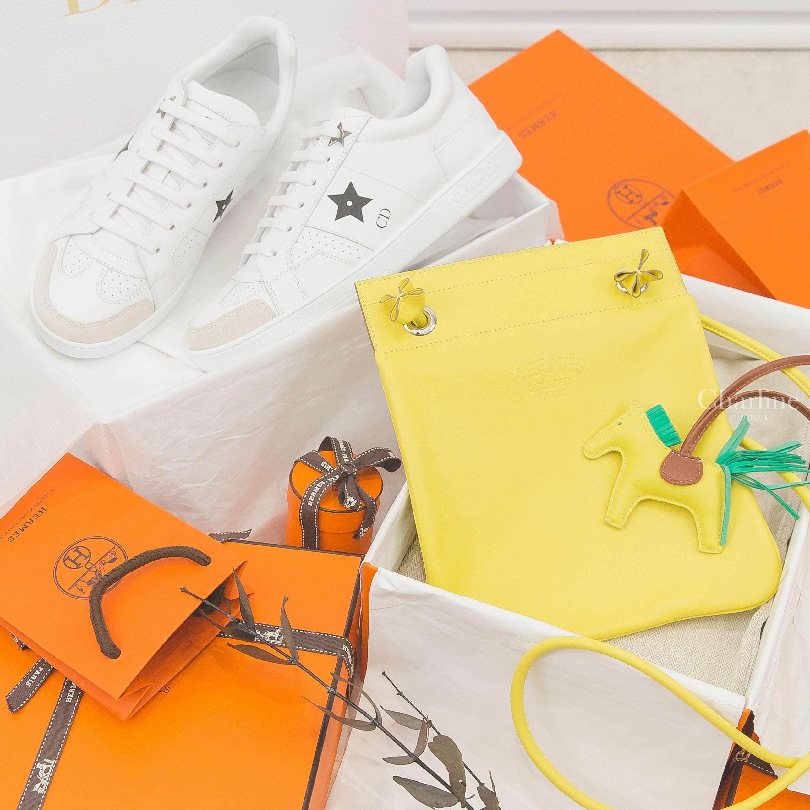 Dior Star Sneaker 白色黑字側邊黑星星小牛皮拼麂皮運動鞋,Hermès Aline Long Strap Agneau Milo / Veau Swift 9R Lime 萊姆黃肩背包-Charline Boutique 精品代購