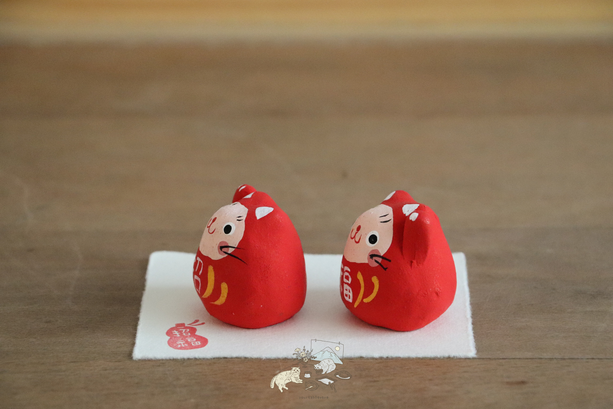 日本 作舍窯 招福 赤達摩貓組