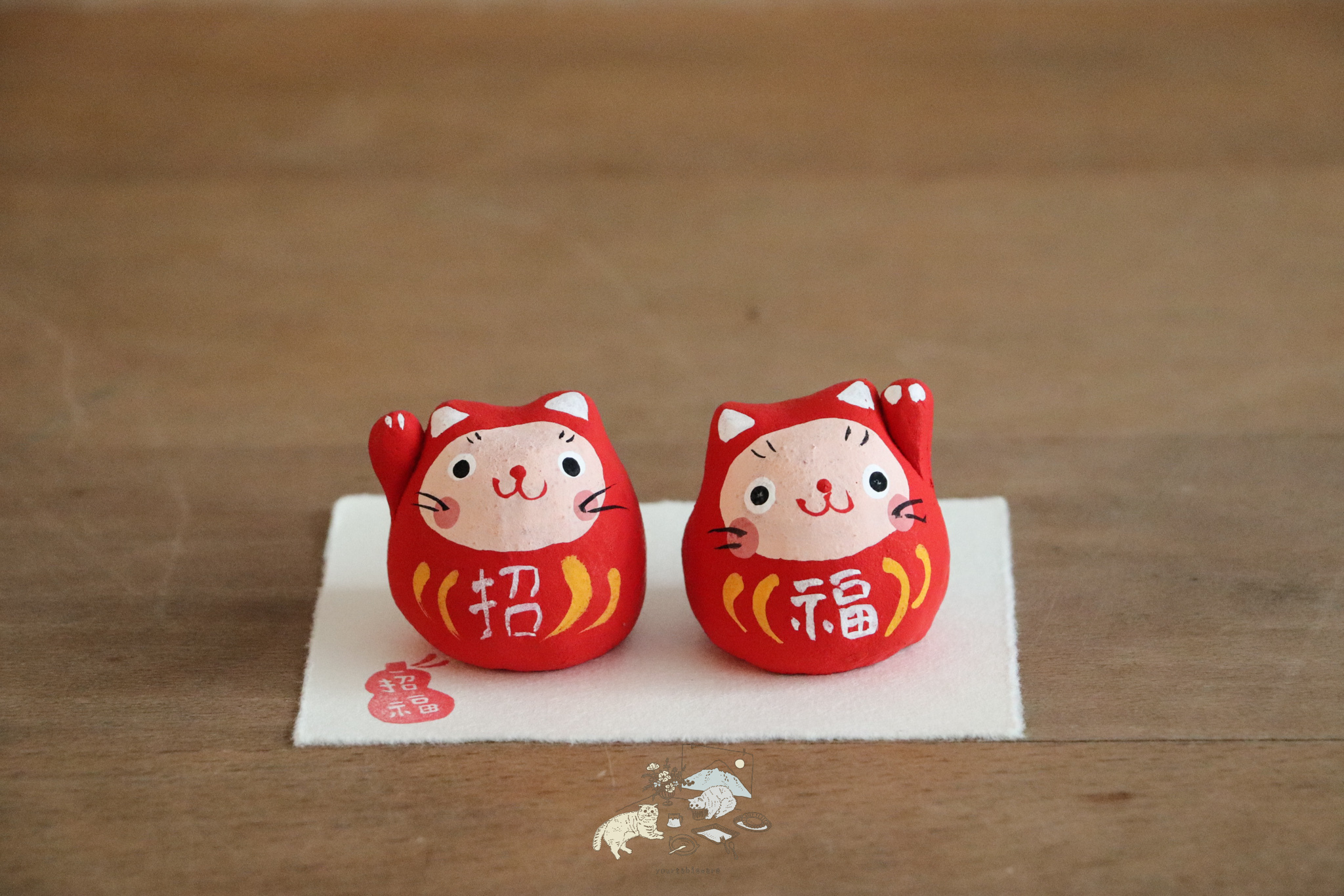 日本 作舍窯 招福 赤達摩貓組