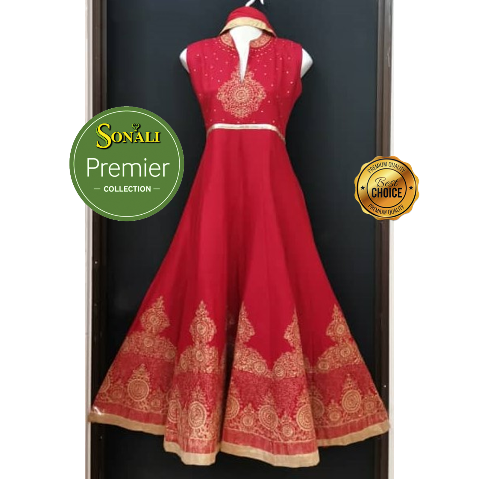 Sonali Premier Quality  Women's Long Gown / Dinner Wear Red Gown with Gold print work / High Quality Material - LSK05 - XL