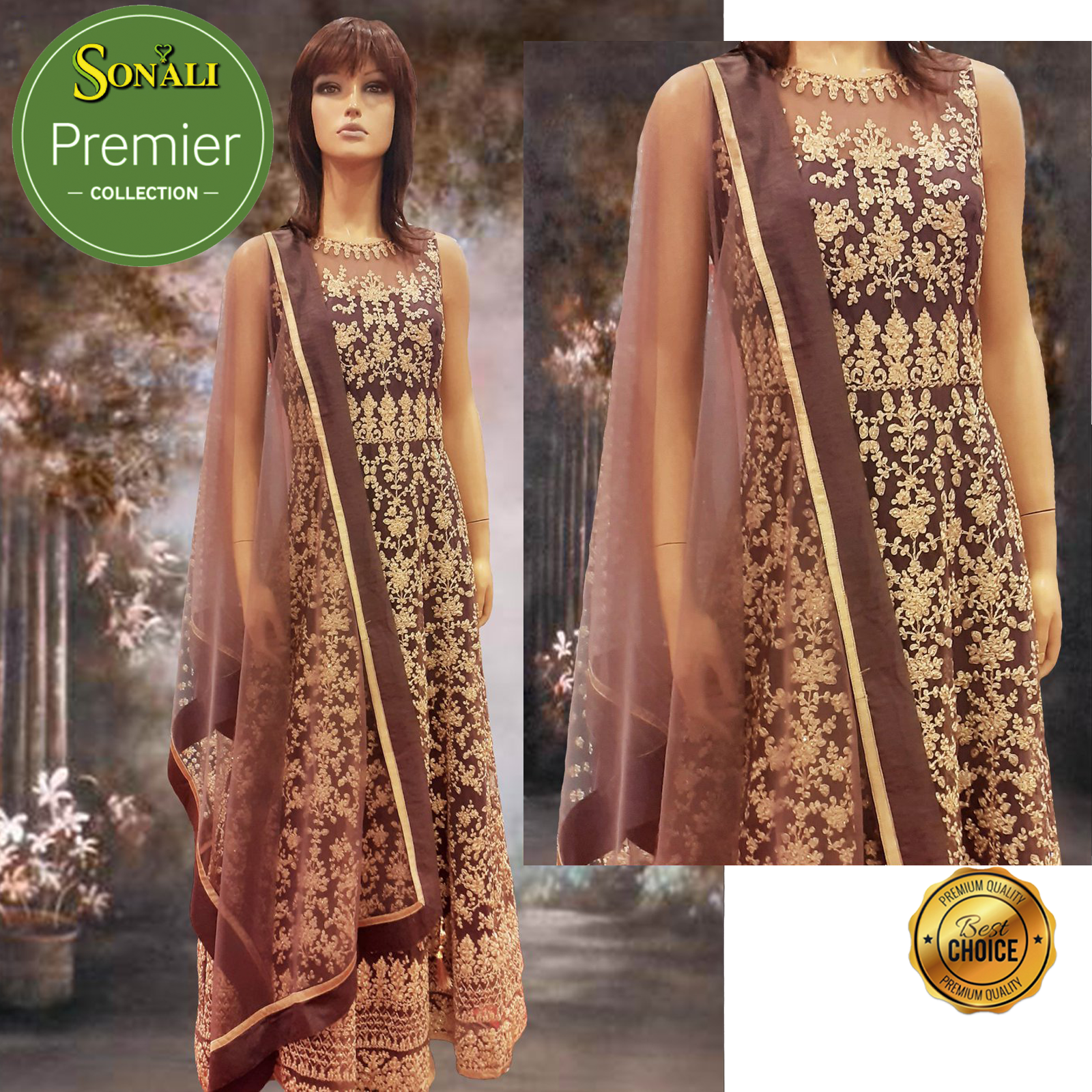 Sonali Premier Quality  Women’s Wedding Dinner / Heavy Work Embroidered Work / High Quality Material / WINE EXCLUSIVE LONG GOWN + Dupatta - LSK06 - XL