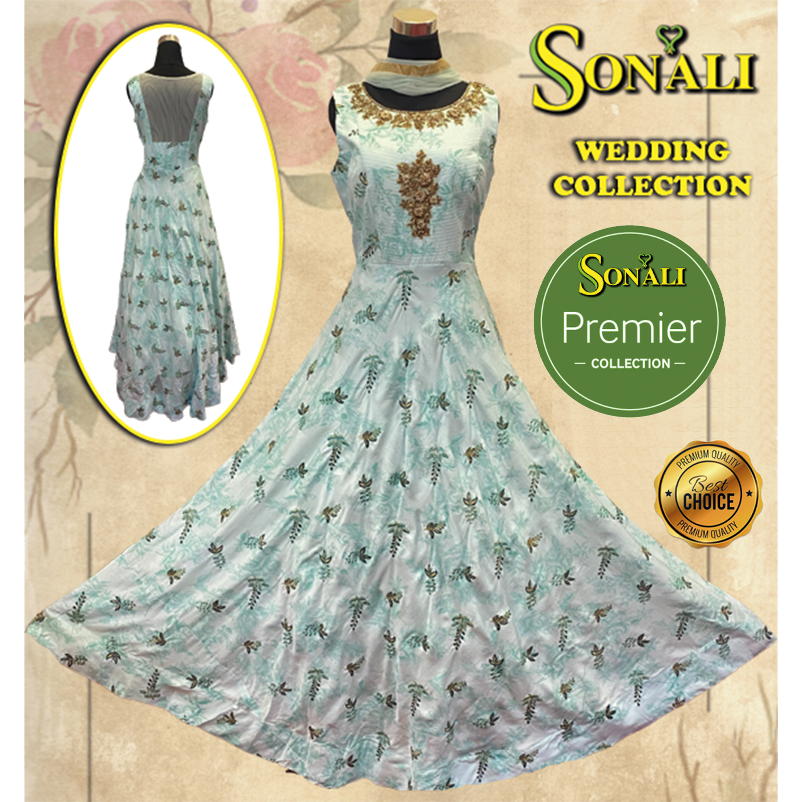 Sonali Premier Quality  Women Long Gown / Dinner Wear Blue Gown with Gold print work / High Quality Material - LSK09 - FS