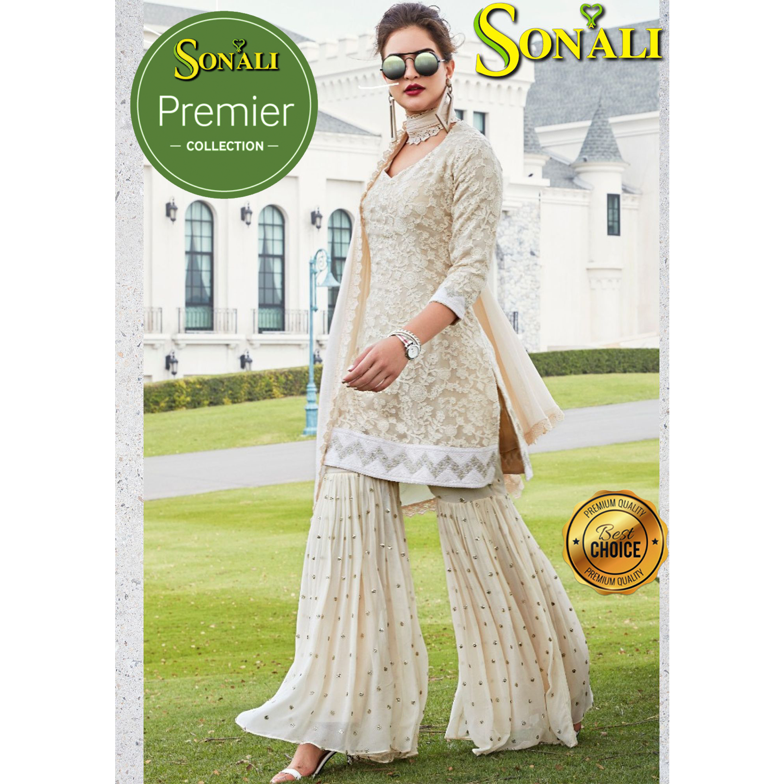 Sonali Premier Quality  Women’s Sharara Suit / Off White Wide Leg Pant with Matching Short Kurtis /High Quality Material - LSK10