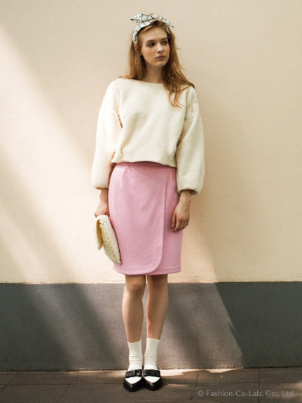 143-SK007 Supreme.La.La.粉紅色高腰腰帶荷葉毛呢窄裙S號