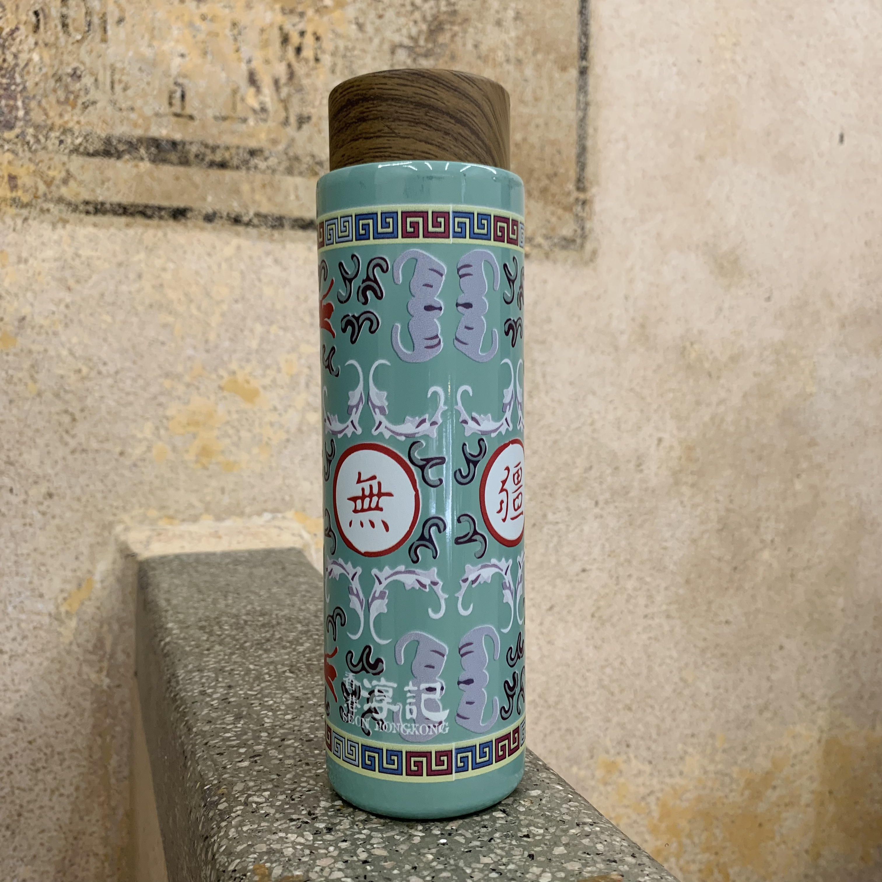 香港淳記 不銹鋼保溫壺 - 粉藍色萬壽無疆 - 400 ML