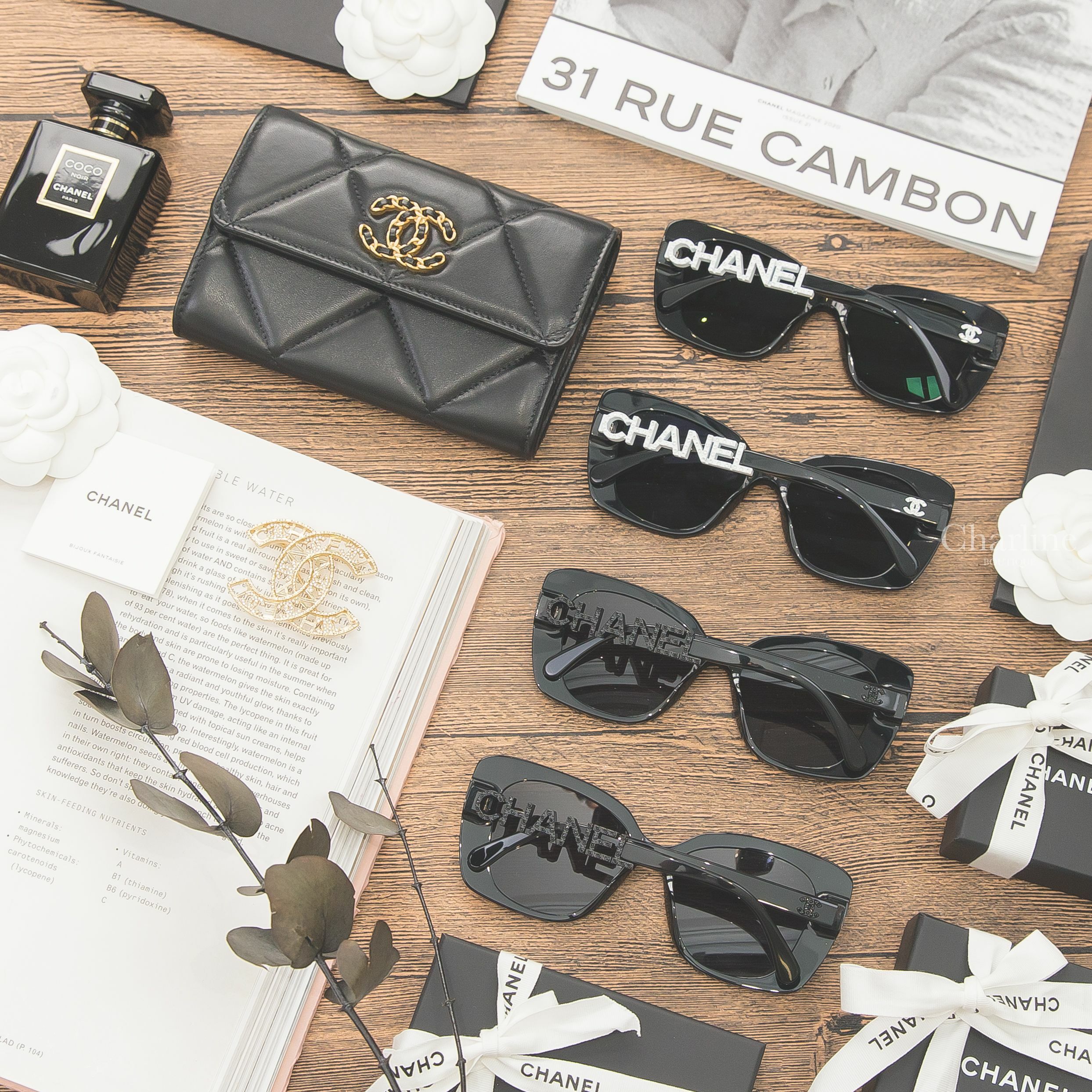 Chanel 黑色方框側邊白鑽 Chanel 太陽眼鏡,Chanel 黑色方框側邊黑鑽 Chanel 太陽眼鏡,Chanel 黑色金CC大菱格羊皮前釦式中夾,Chanel 金色簍空字母水鑽CC胸針-Charline Boutique 精品代購