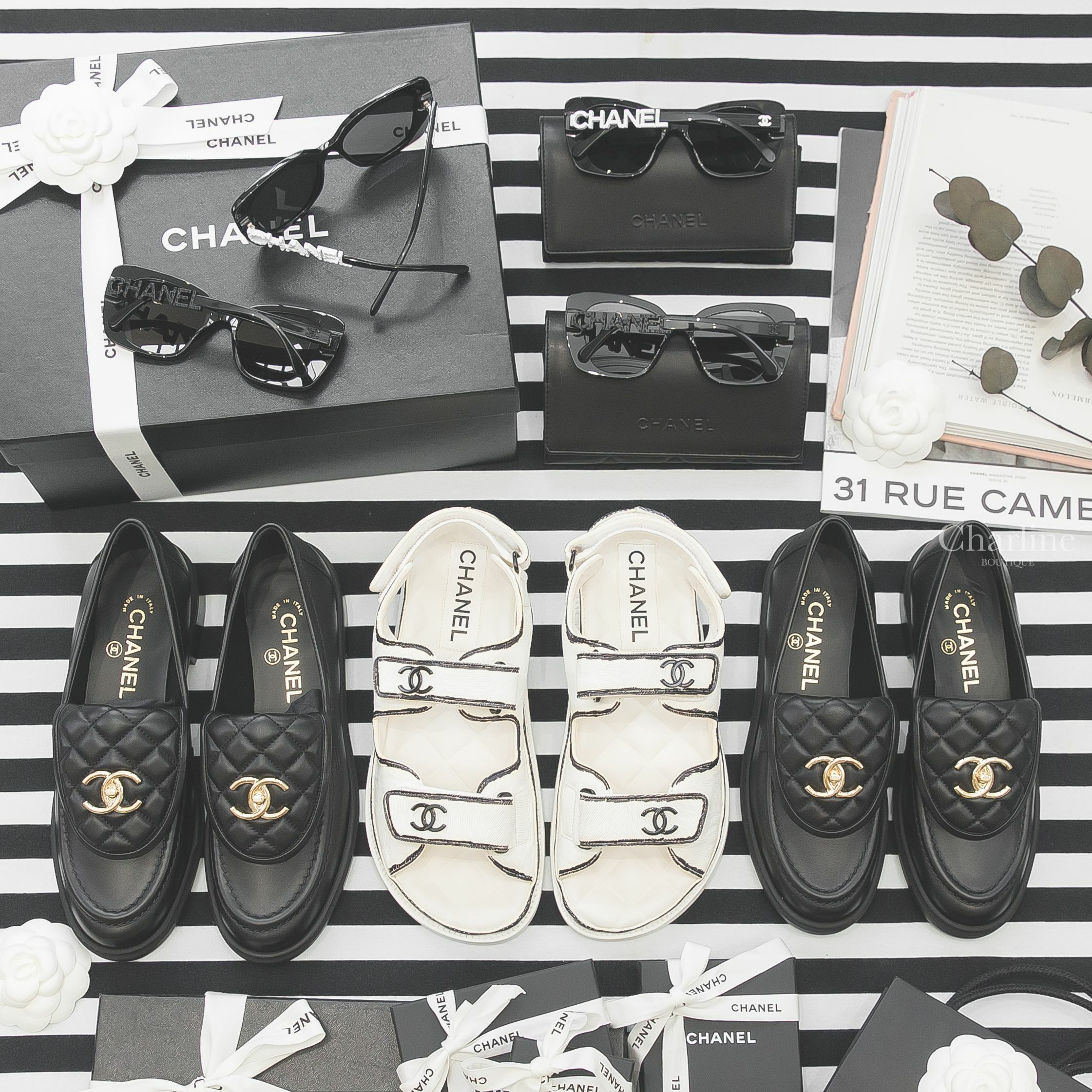 Chanel 黑色方框側邊白鑽太陽眼鏡,Chanel 黑色方框側邊黑鑽太陽眼鏡,Chanel 白色黑CC黑色手繪線條魔鬼氈涼鞋,Chanel 黑色金CC小羊皮菱格紋樂福鞋-Charline Boutique 精品代購