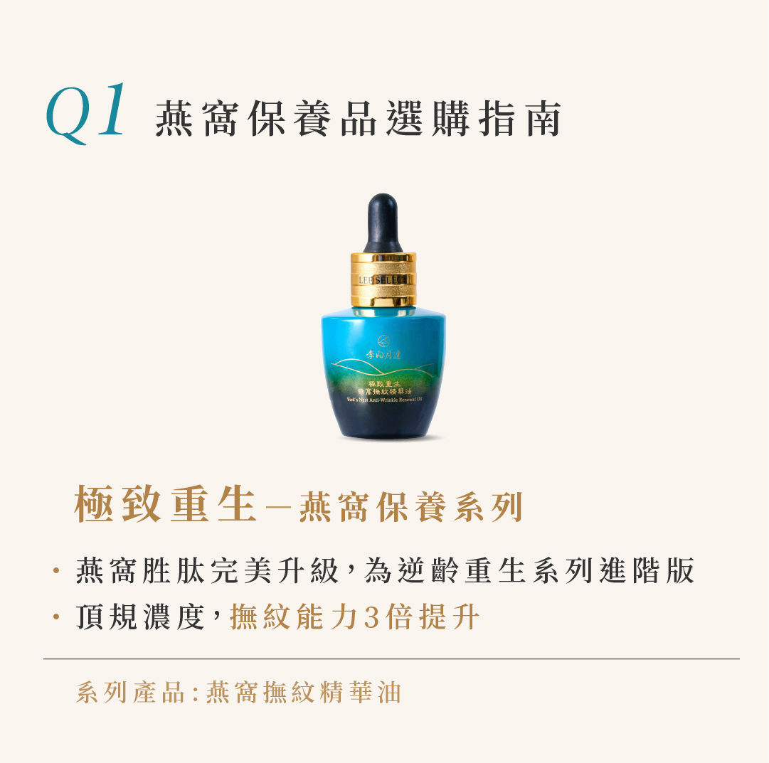 Q1 燕窩保養品選購指南  極致重生-燕窩保養系列 燕窩胜肽完美升級,為逆齡重生系列進階版 頂規濃度,撫紋能力3倍提升 系列產品:燕窩撫紋精華油