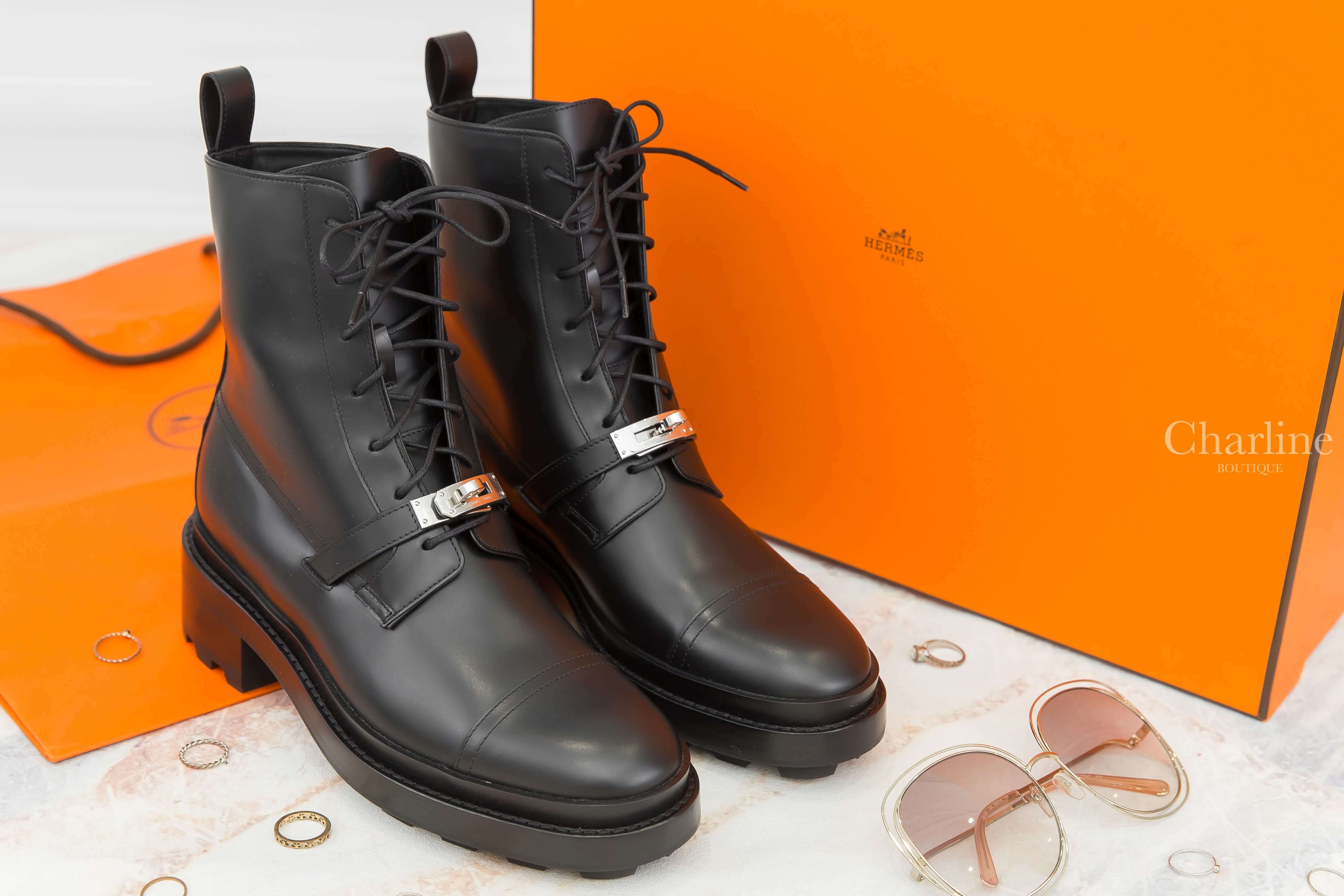 Hermès Funk Ankle Boot 黑色銀釦牛皮低跟踝靴-Charline Boutique 精品代購