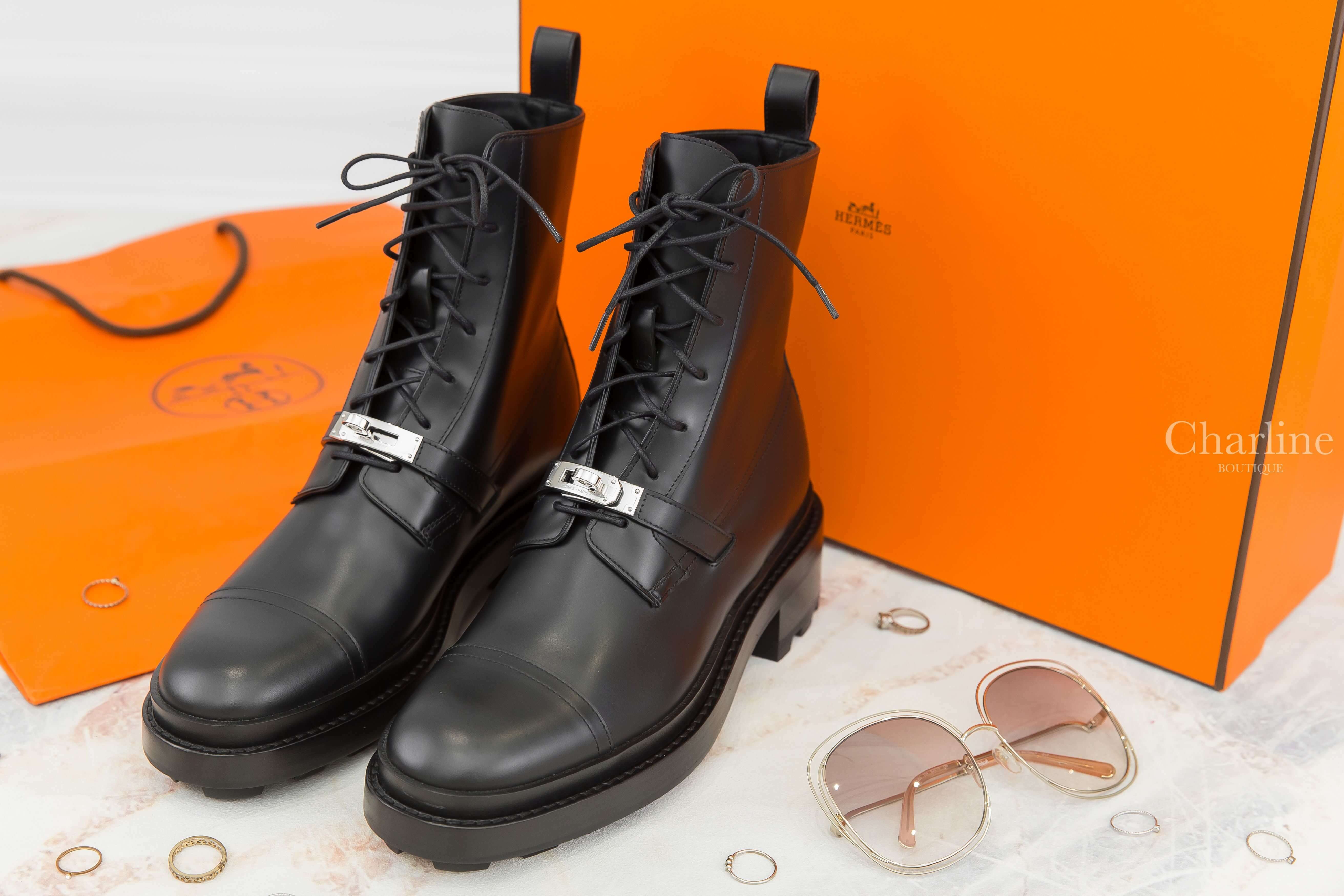 Hermès Funk Ankle Boot 黑色銀釦牛皮低跟踝靴-Charline Boutique 精品代購