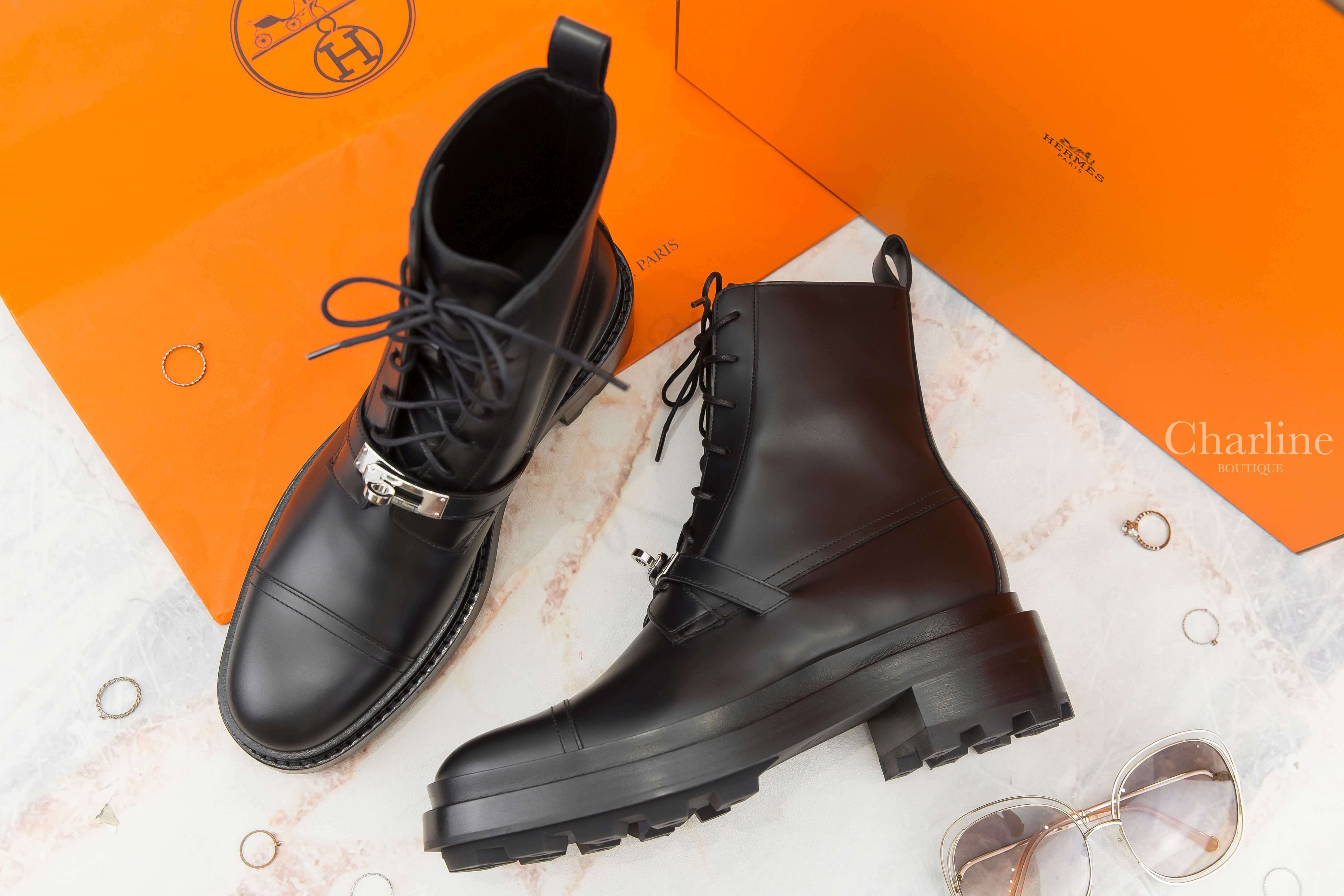 Hermès Funk Ankle Boot 黑色銀釦牛皮低跟踝靴-Charline Boutique 精品代購