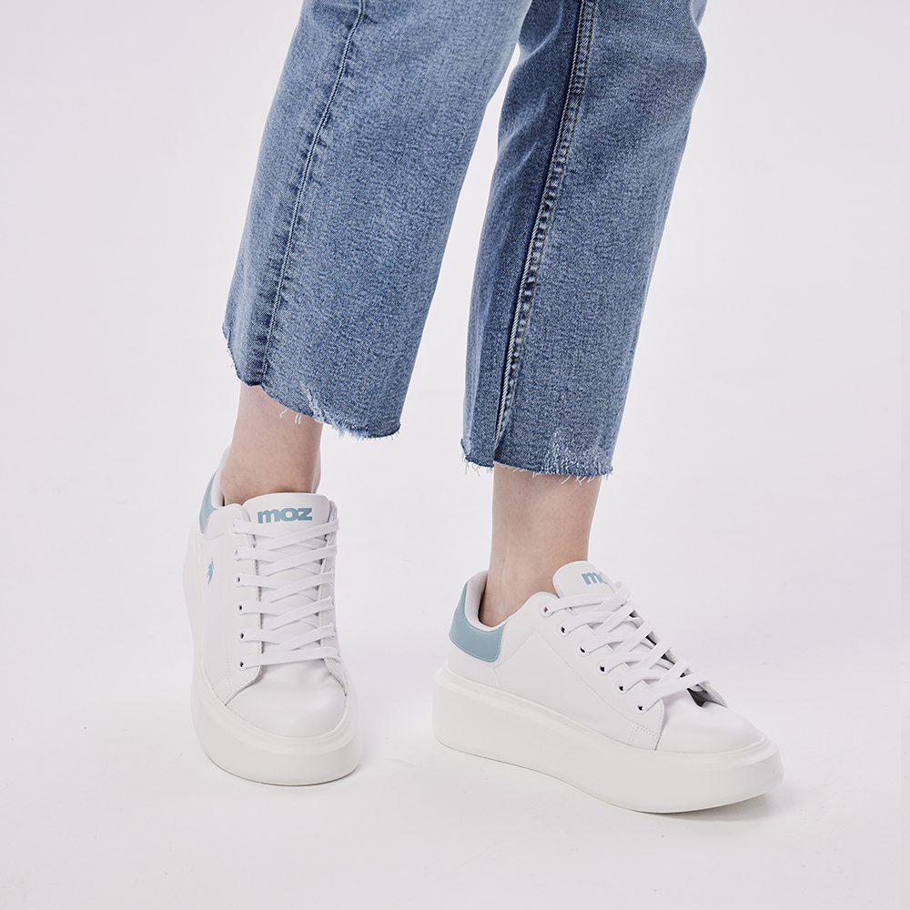 【惜福商品999】moz瑞典 駝鹿 白小胖 防潑水 舒適皮質增高厚底鞋(北卡藍)