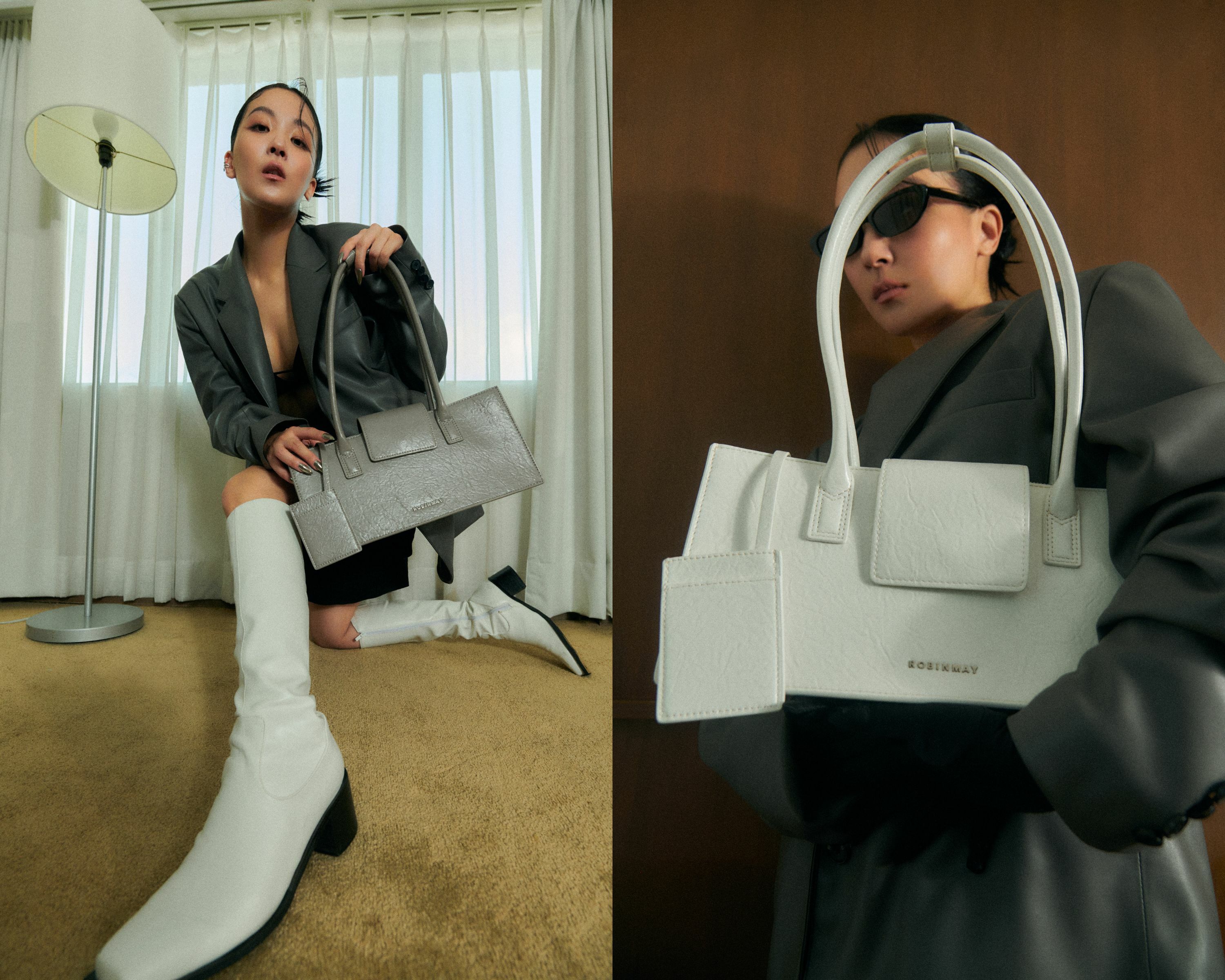 JOIN ME 肩背包，搶眼的長方形包體融入特殊的打皺皮革設計。