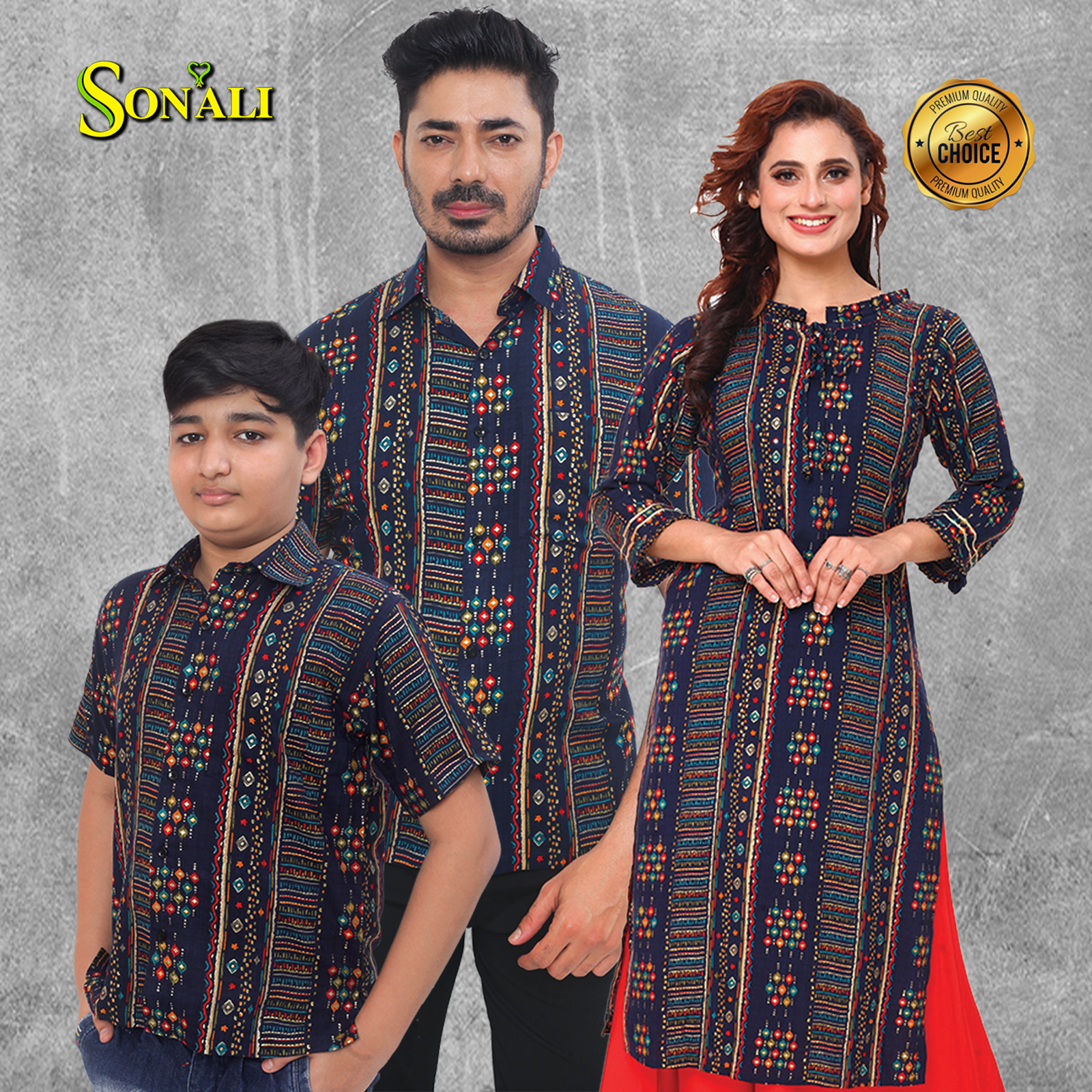 Sonali Premier Quality Family Collections Men Shirt Kurtis Women Kids Wear Kemeja Labuh Baju Sedondon Kemeja Lelaki Q1655/Q1656/Q1657