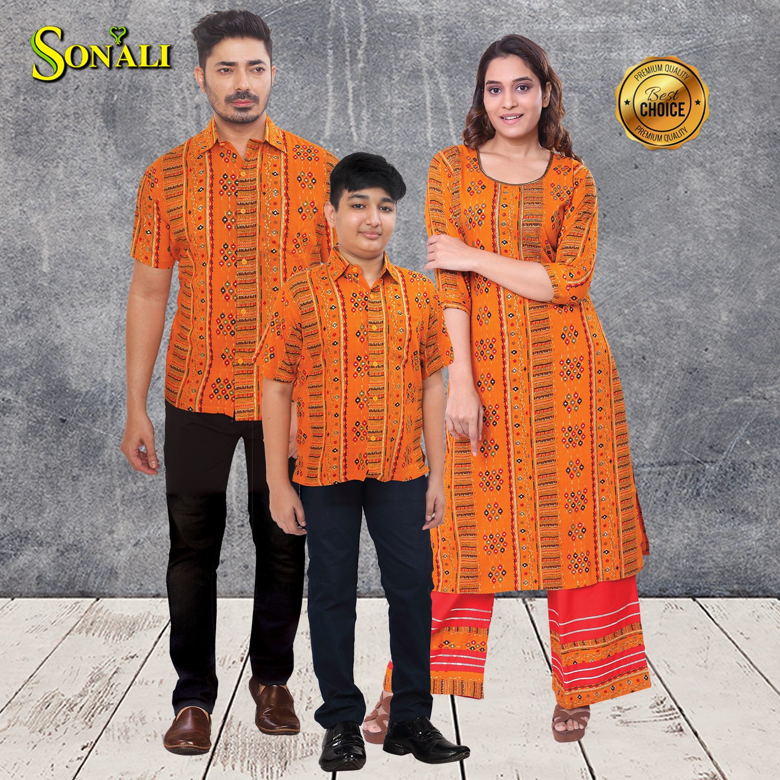 Sonali Premier Quality Family Collections Men Shirt Kurtis Women Kids Wear Kemeja Labuh Baju Sedondon Kemeja Lelaki Q1544/Q1545/Q1546