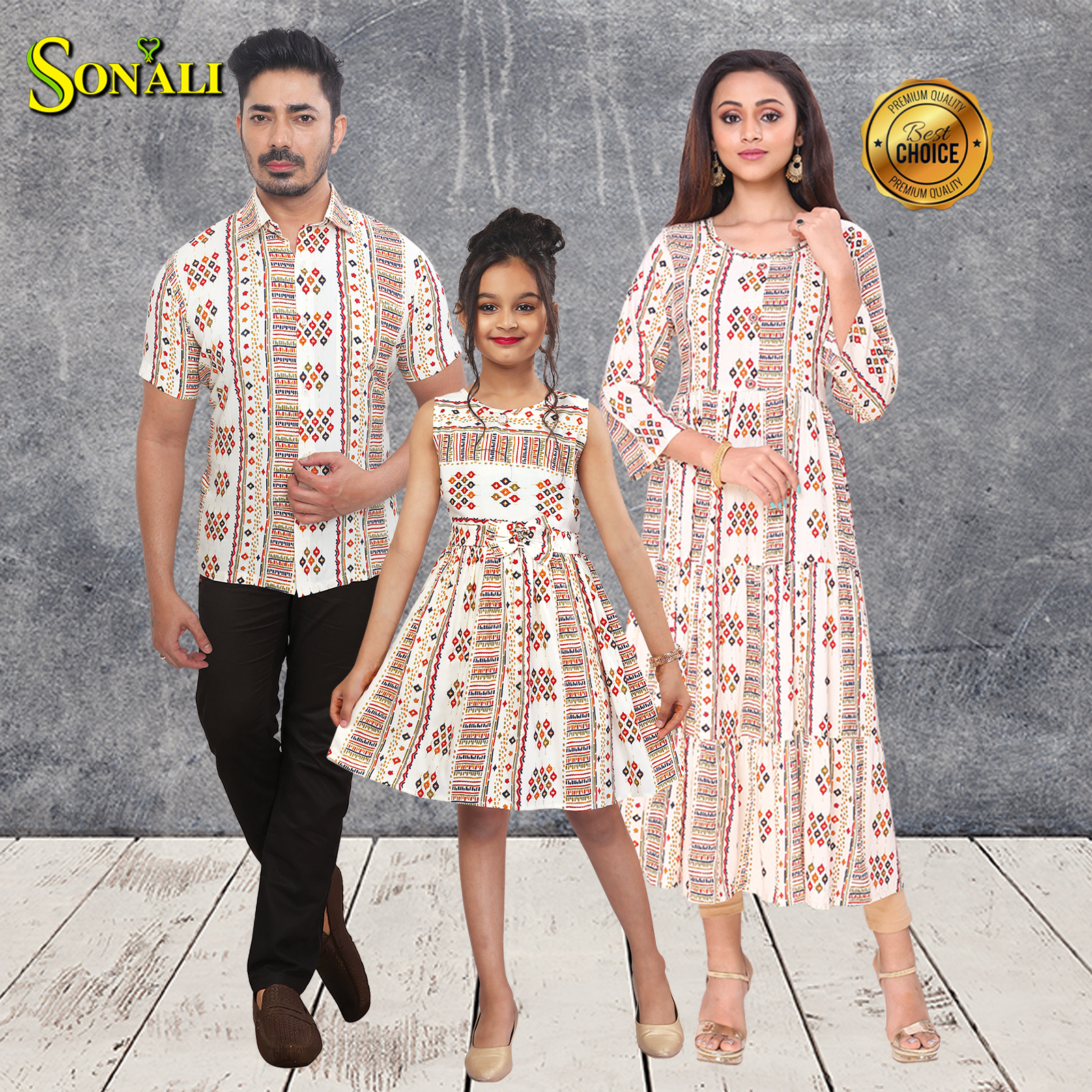 Sonali Premier Quality Family Collections Men Shirt Kurtis Women Kids Wear Kemeja Labuh Baju Sedondon Kemeja Lelaki Q1547/Q1548/Q1549