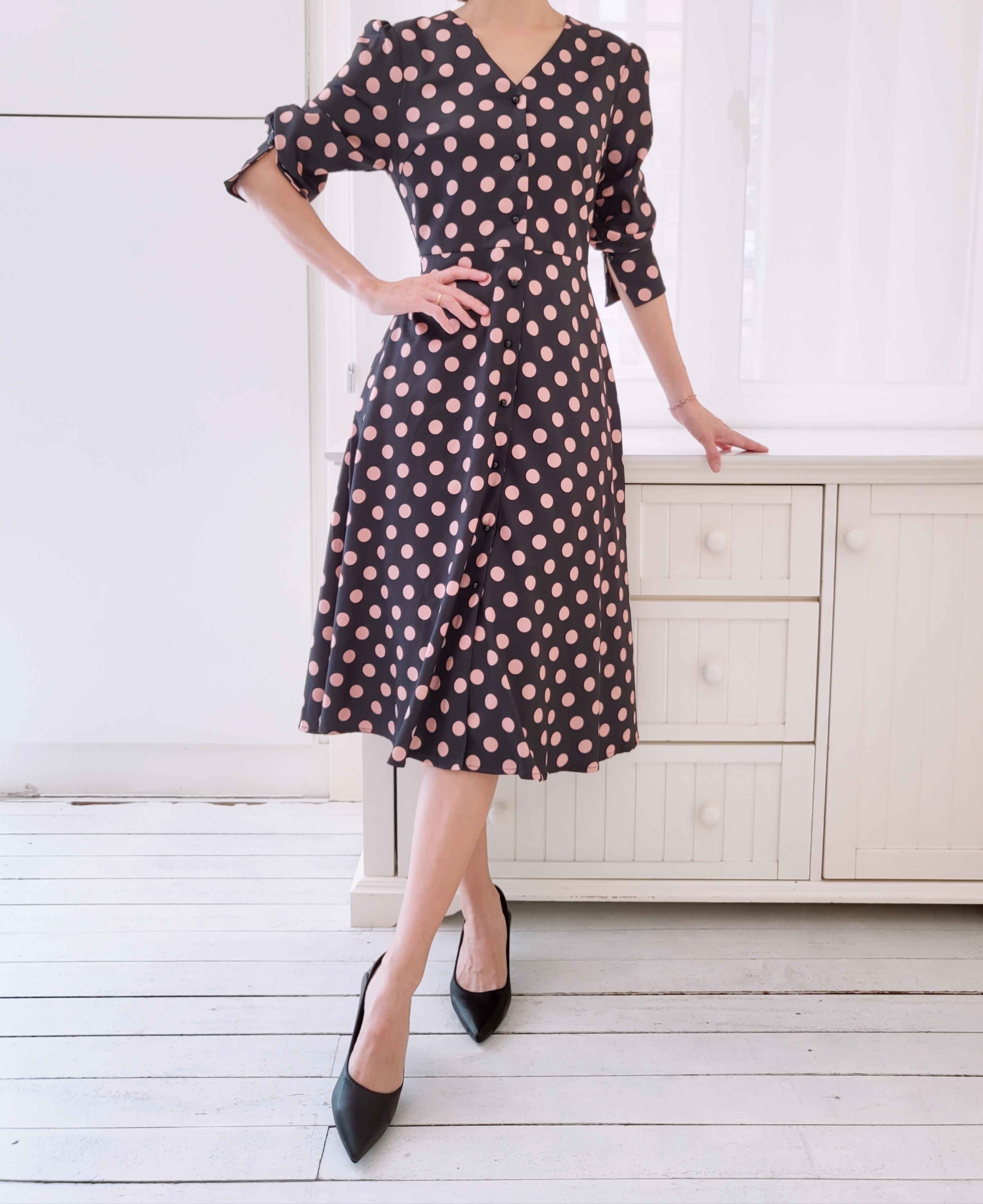 L/SLEEVE POLKA DOT MIDI DRESS