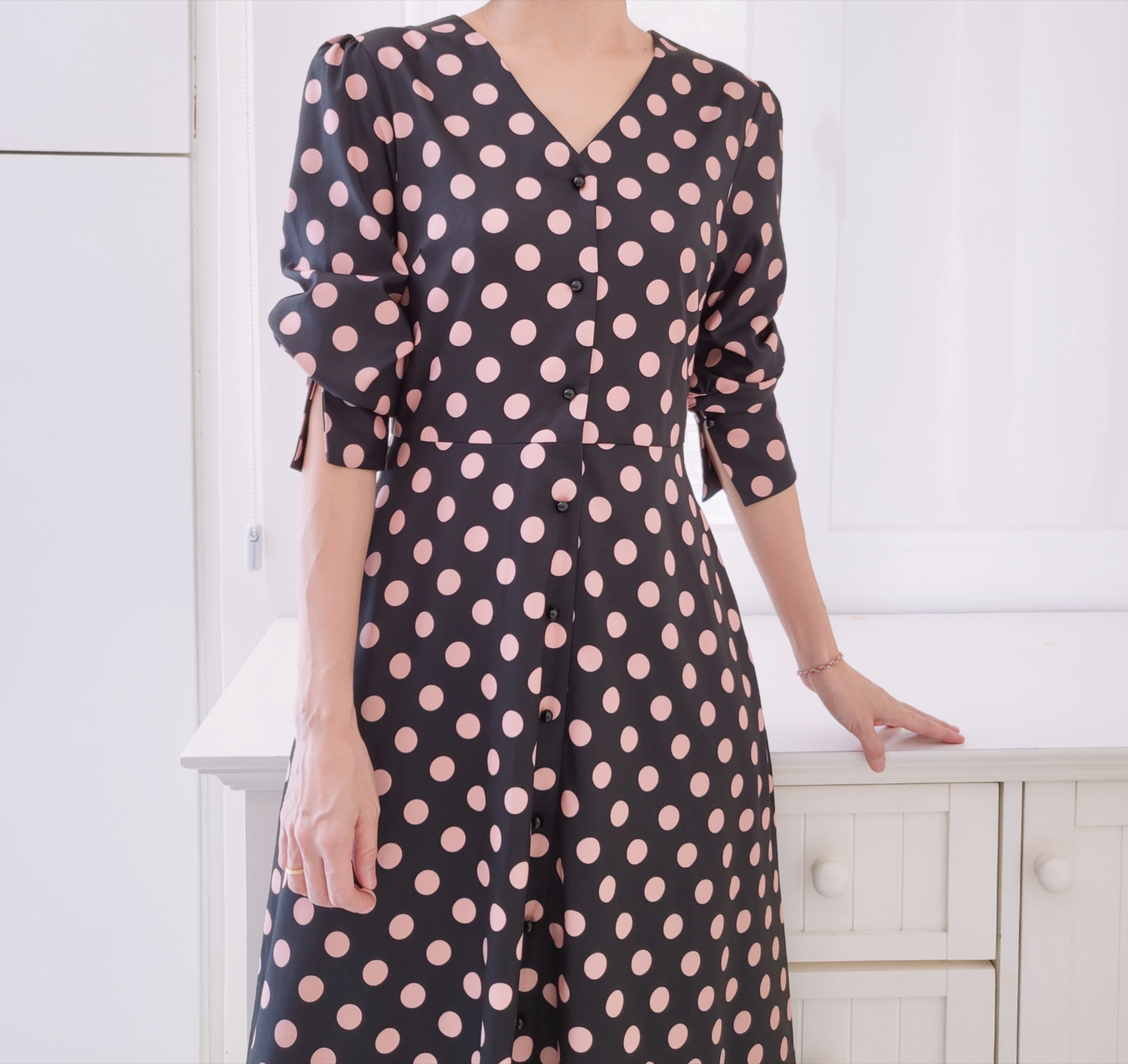 L/SLEEVE POLKA DOT MIDI DRESS